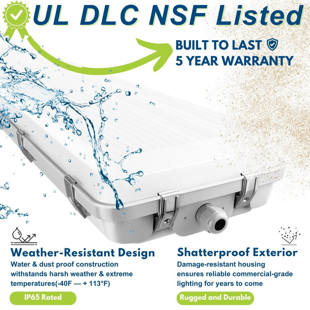 NSF Certified 4ft Vapor Tight LED Light Fixture - 165W/135W/105W Selectable - 27,400 Lumens - 5000K/4000K/3500K CCT - 120-277V - Ideal for Commercial Kitchens, Warehouses & Damp Locations