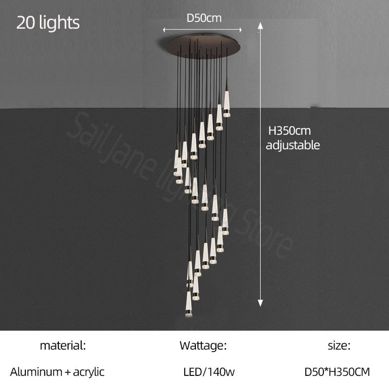 Spiral Cones Staircase Chandelier - Elegant Modern Lighting Fixture for Stairwell, Foyer & Entryway Decor