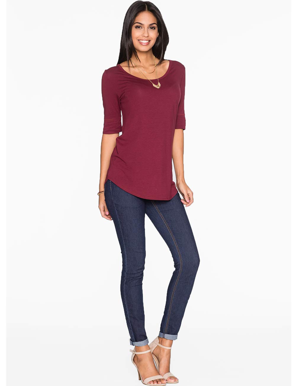 Women's Elbow Length Sleeve Cotton Blouse - Summer Casual Tunic Tee Shirt for Work, Travel & Everyday Wear