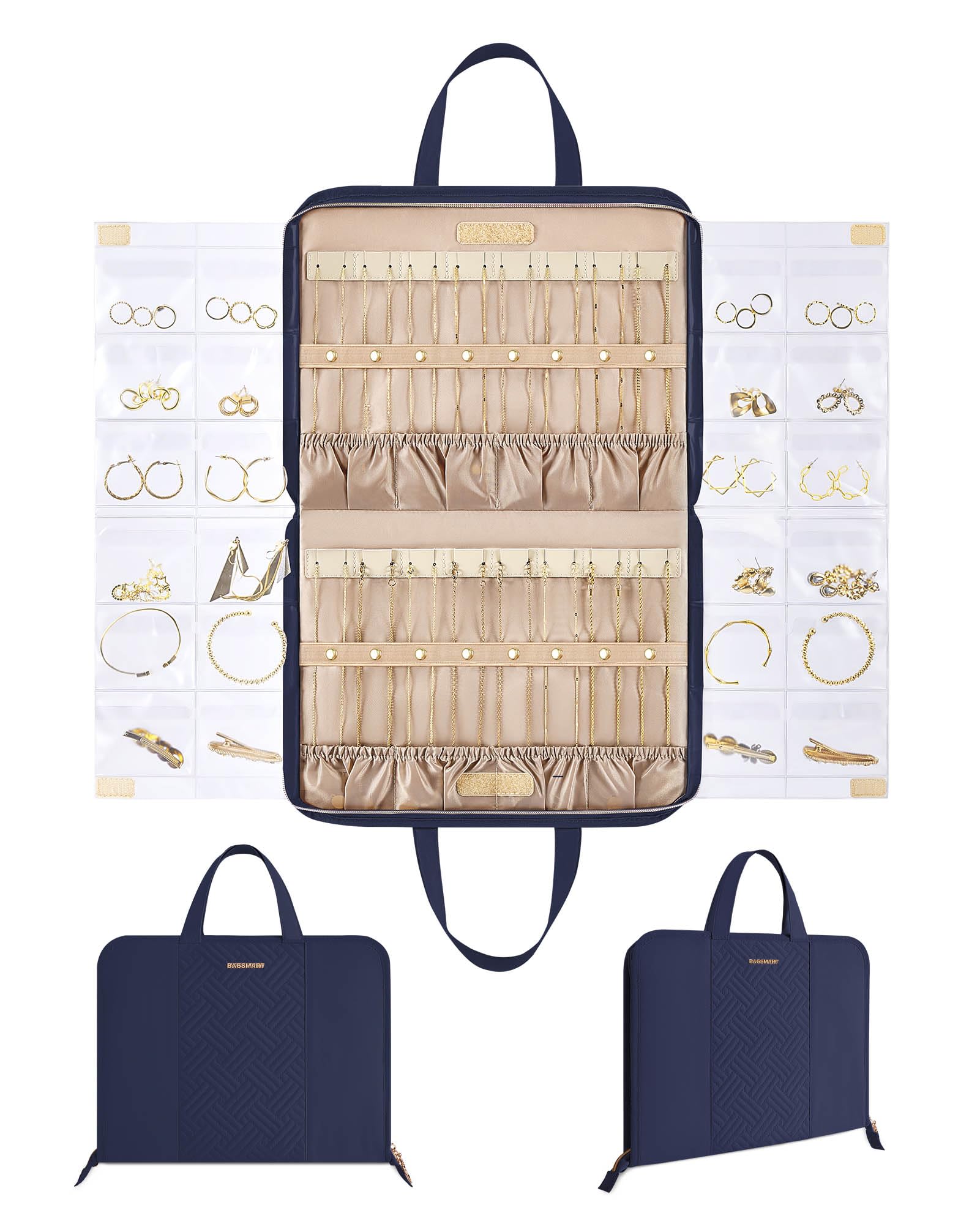 BAGSMART Travel Jewelry Organizer Case - Large Dark Blue Portable Jewelry Roll Bag with Transparent Pockets for Earrings, Rings, Bracelets | Tangle-Free Necklace Storage | Foldable Design for Travel Essentials | Perfect for Vacation, Business Trips & Daily Organization
