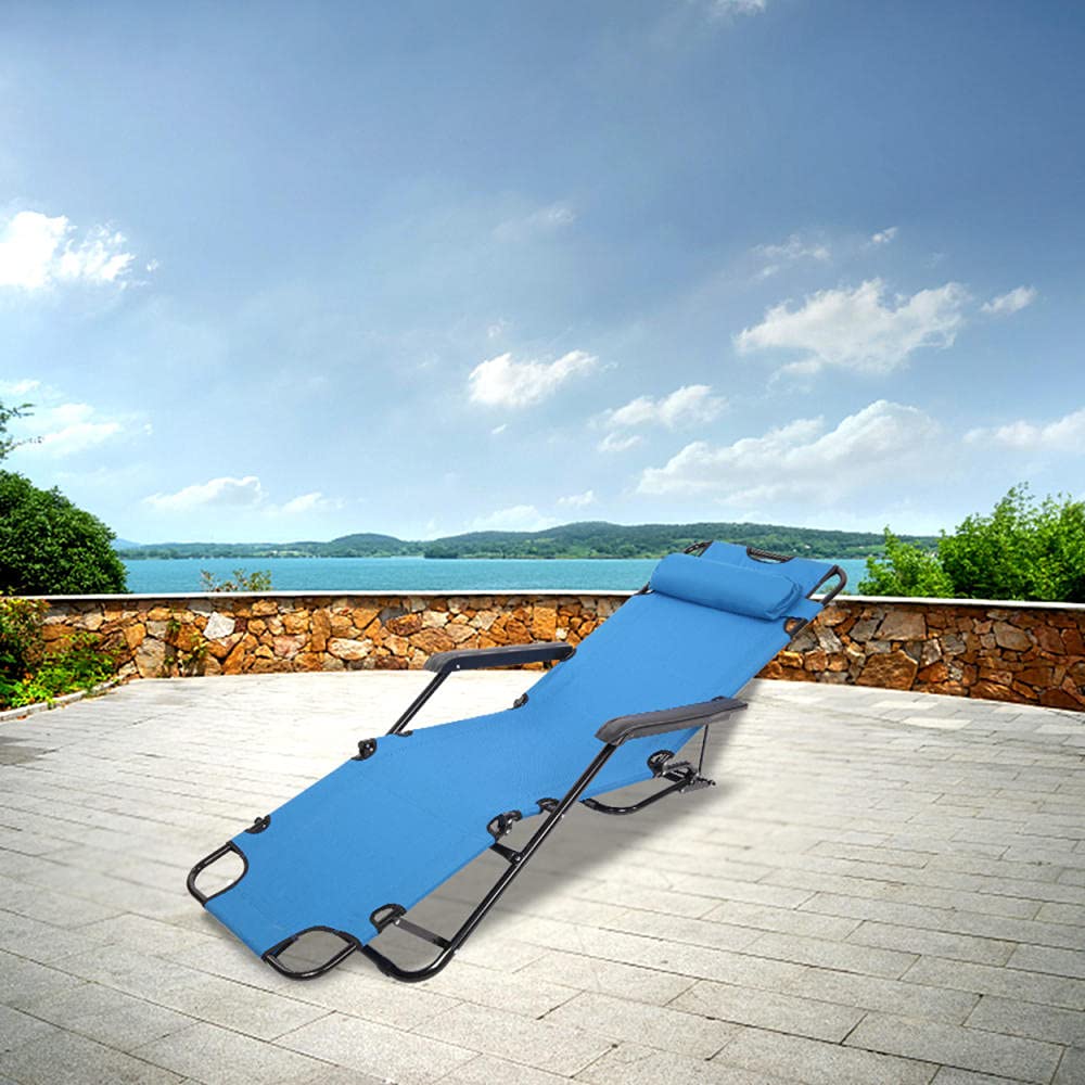 Portable Folding Beach Chair with Pillow - Adjustable Reclining Lounge Chair for Outdoor, Camping, Patio, Pool & Lawn - Lightweight & Comfortable for Sunbathing, Relaxing & Travel (Blue)