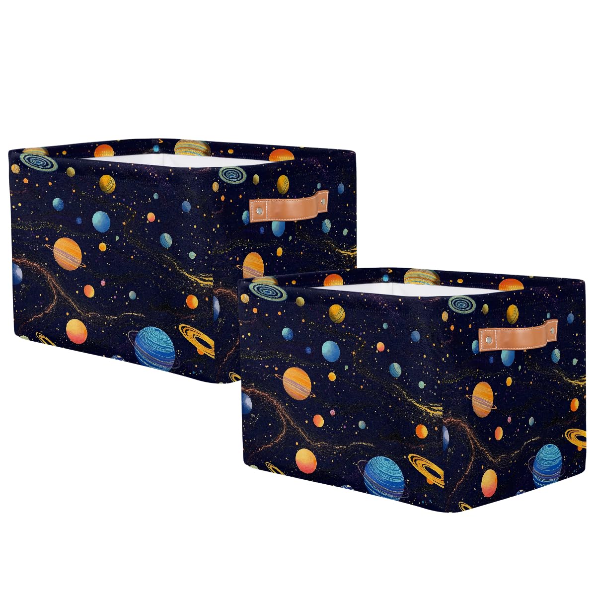 Space-Themed Foldable Storage Baskets with Handles - 2 Pack Decorative Storage Bins for Shelves, Home Organization | Perfect for Kids' Room, Closet & Space-Themed Decor