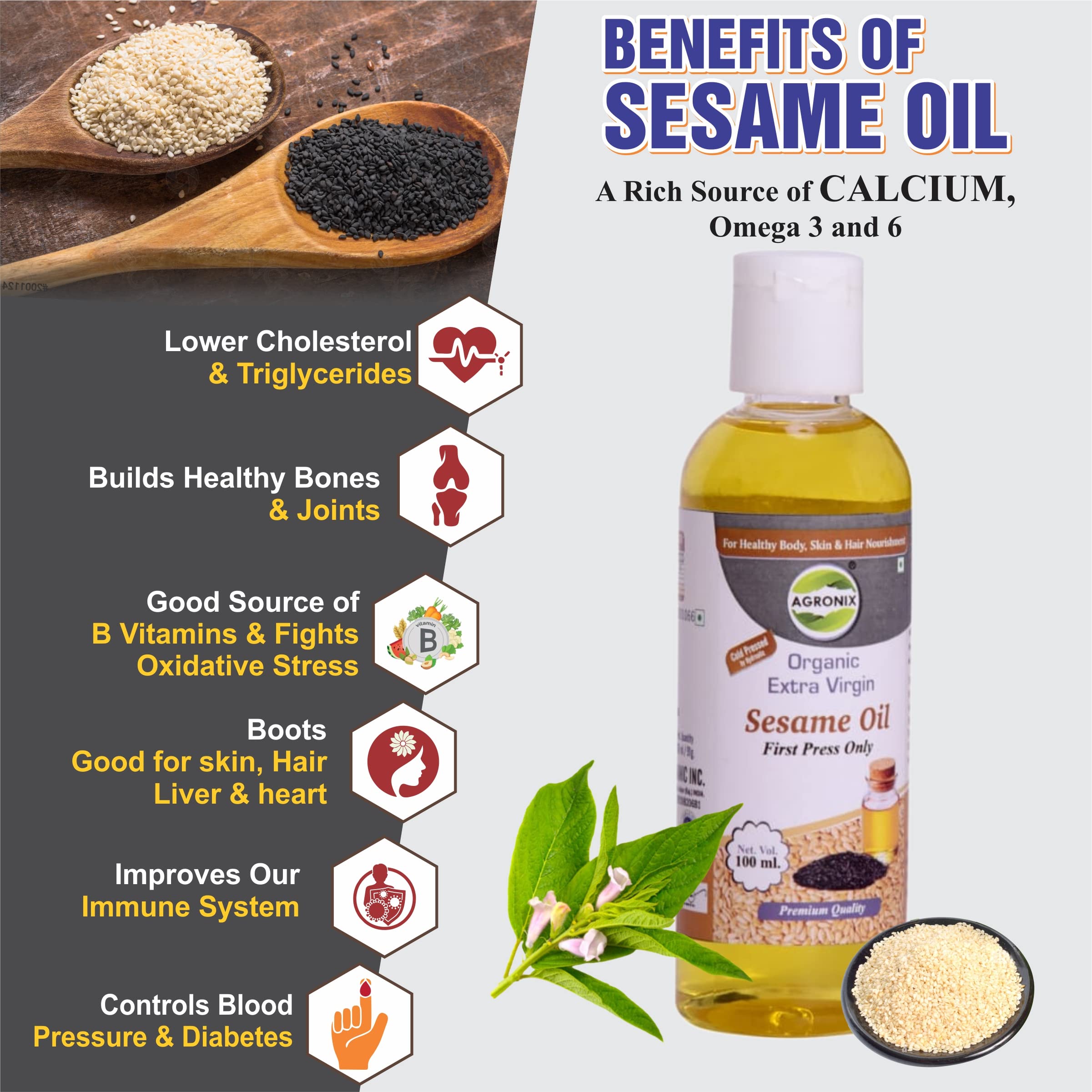 AGRONIX 100% Pure Cold Pressed Sesame Oil - 3.4oz for Hair Growth, Skin Care & Massage | Natural Moisturizer for Dry Scalp, Face & Body | USDA Organic, Unrefined, Chemical-Free | Perfect for Aromatherapy & DIY Beauty Recipes