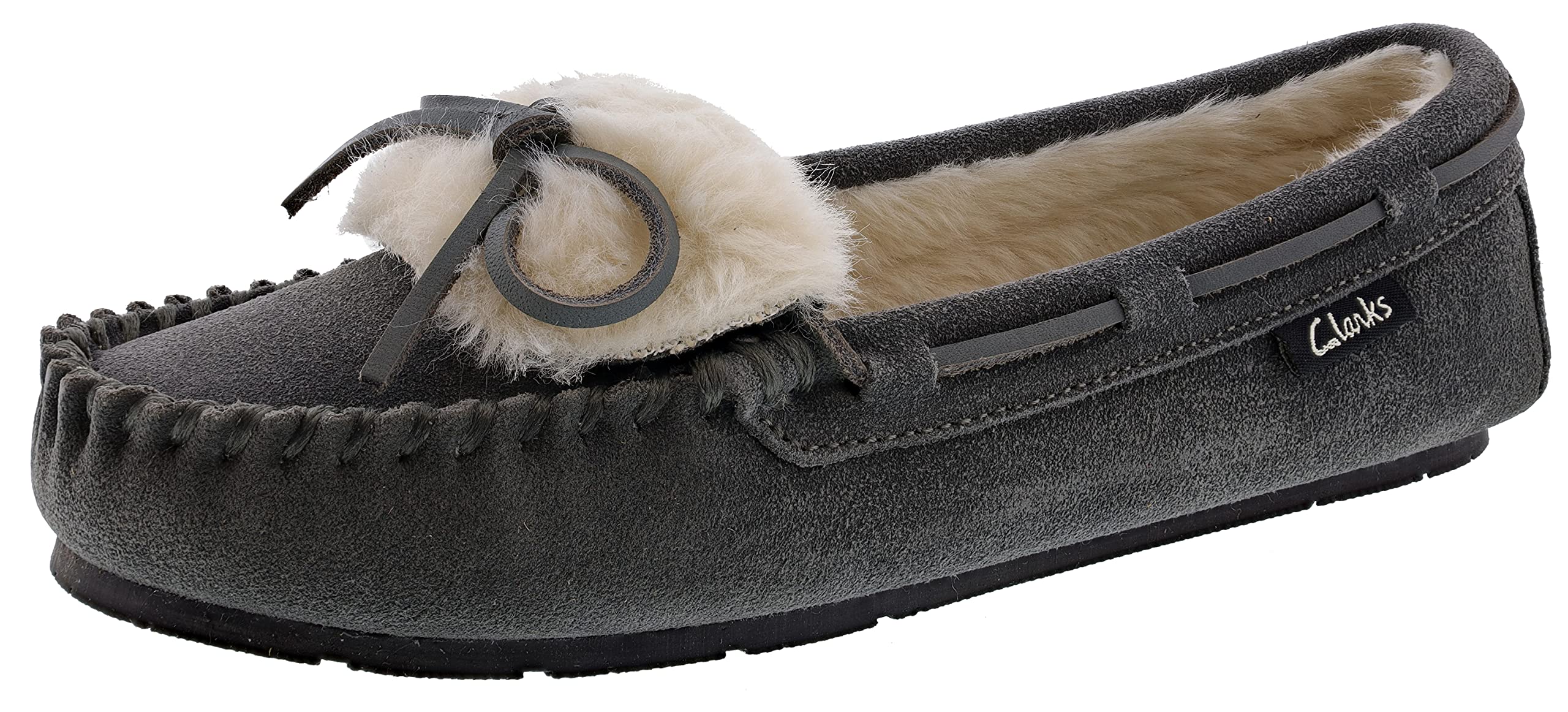 Clarks Women's Folded Tongue Suede Leather Moccasin Slippers ICH30746C - Plush Faux Fur Lining - Indoor/Outdoor House Slippers for Women - Cozy Home, Office & Travel Comfort Shoes