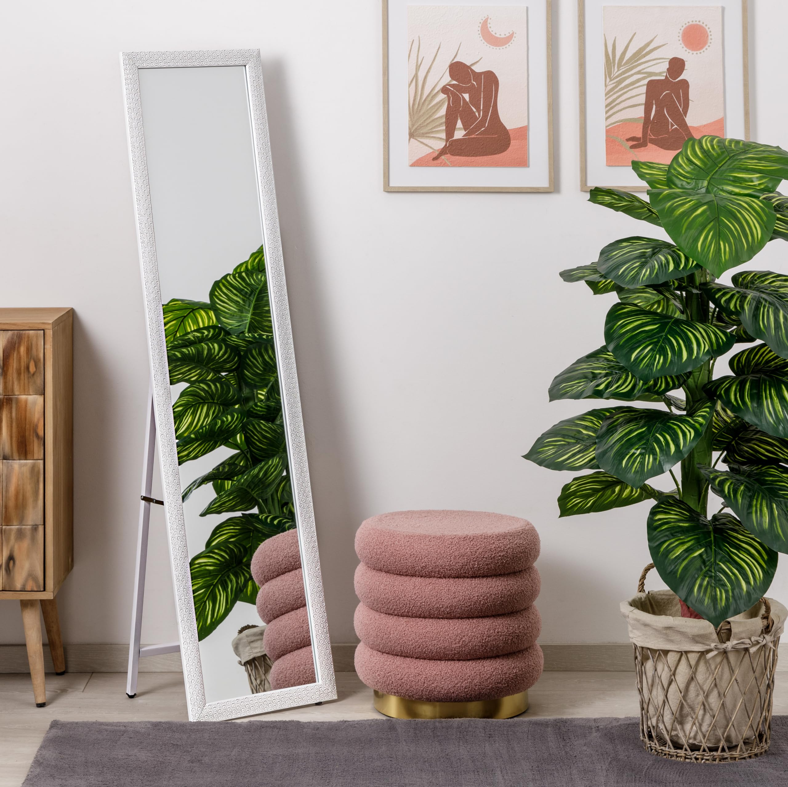 Baroni Home Full Length Floor Mirror with Steel & Wooden Frame - 40 x 150 cm Geometric White Standing Mirror for Bedroom, Living Room & Dressing Area - Folding Stand for Easy Storage & Space Saving