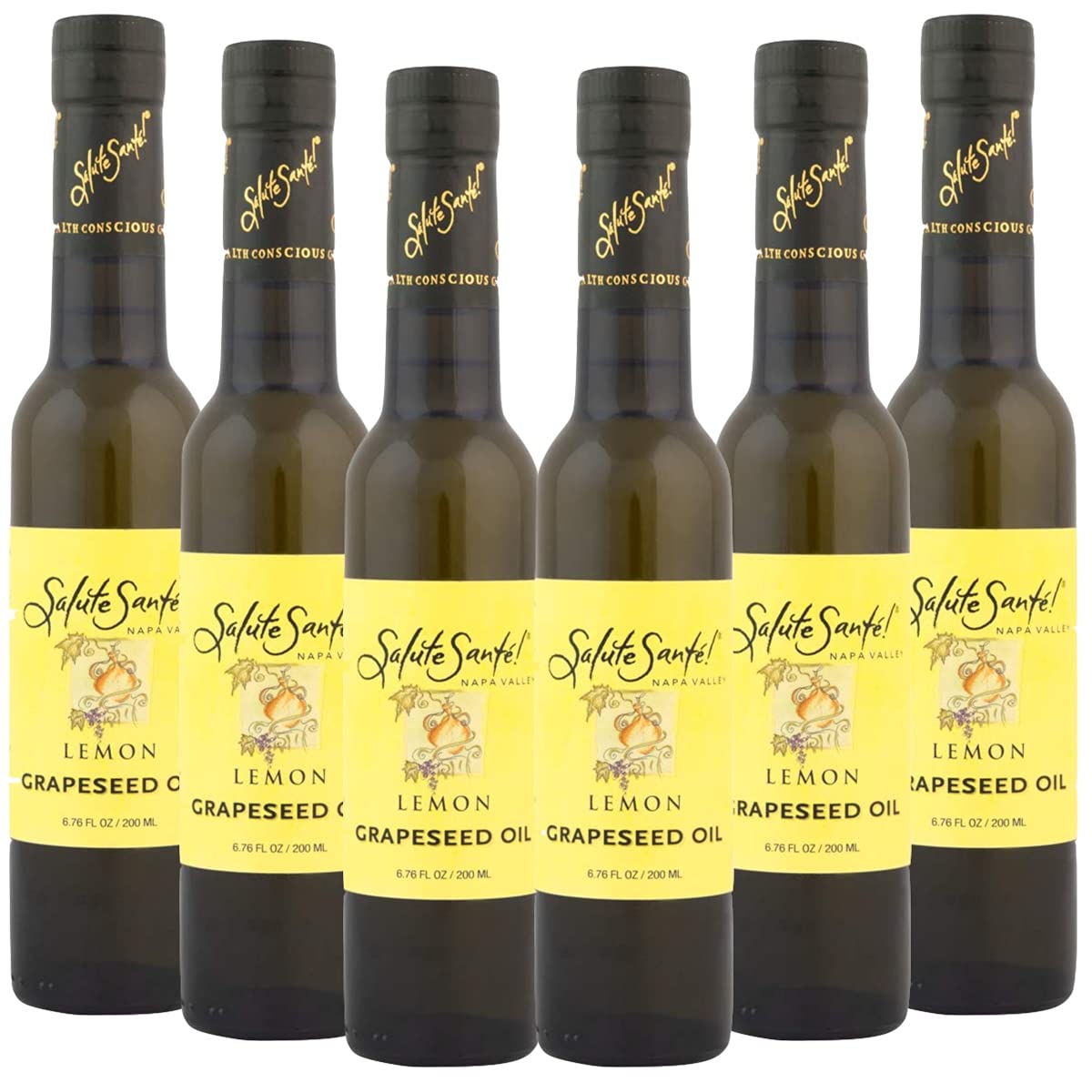 Salute Sante! Lemon Infused Grapeseed Oil - 6 Pack (200ml Each) | Cold-Pressed Cooking Oil for Healthy Dipping, Marinades, Salads & Finishing | Vegan, Gluten-Free | Perfect for Mediterranean Cuisine & Home Chefs