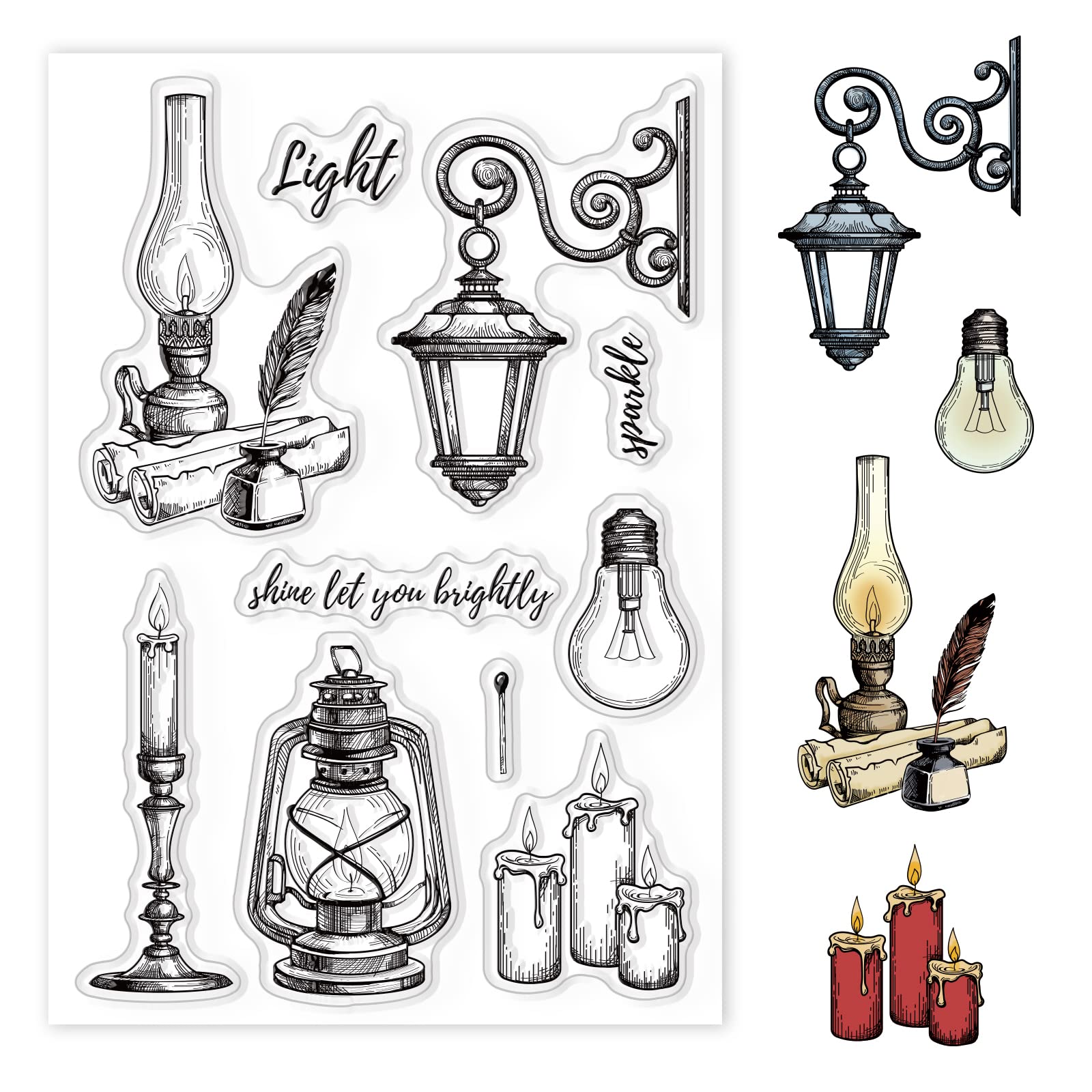 Vintage Silicone Clear Stamp Set - Candles, Street Lamps & Light Bulbs for Scrapbooking, Journaling, Card Making - Perfect for DIY Crafts, Bullet Journals & Handmade Greeting Cards