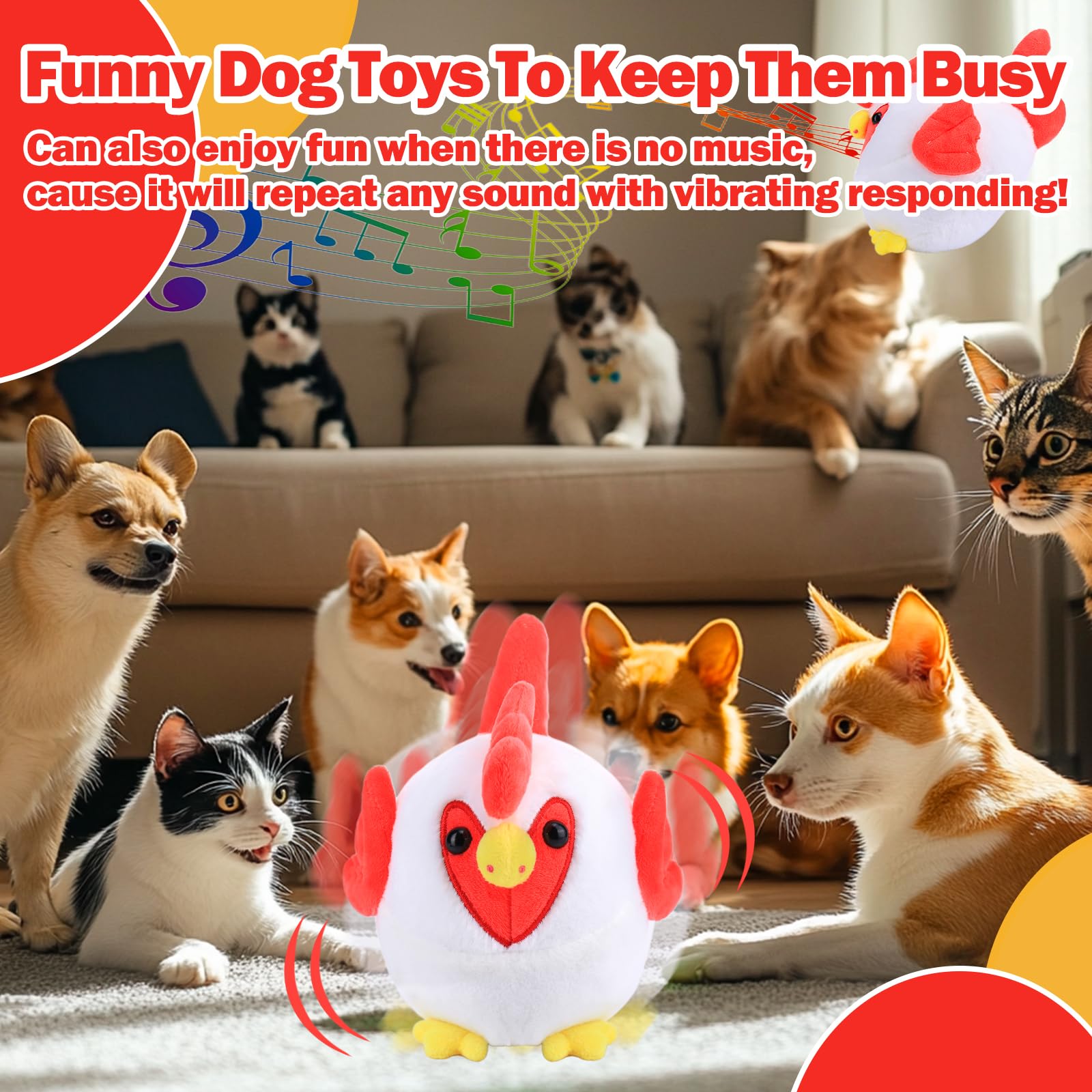 Interactive Dog Toys - Rechargeable Self-Moving Ball with Pop Songs & Recording Mode for Small/Medium/Large Dogs - Crazy Chicken Toy for Boredom Relief & Exercise - Perfect for Indoor Play, Training & Keeping Pets Entertained
