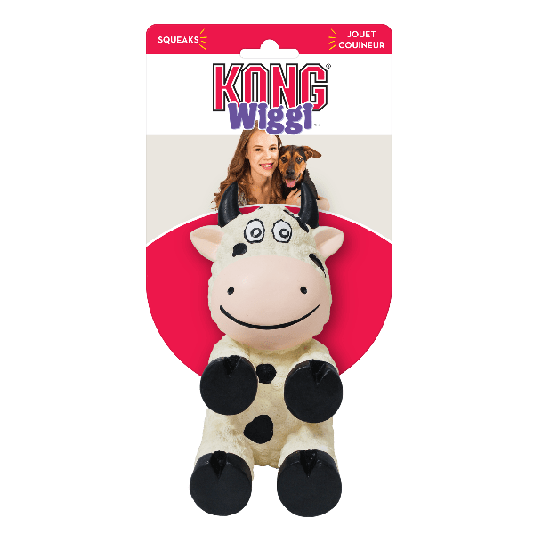 Durable KONG Wiggi Cow Dog Chew Toy for Small & Medium Dogs - Interactive Play & Teeth Cleaning for Puppies & Adult Dogs - Perfect for Fetch, Tug-of-War & Training Sessions