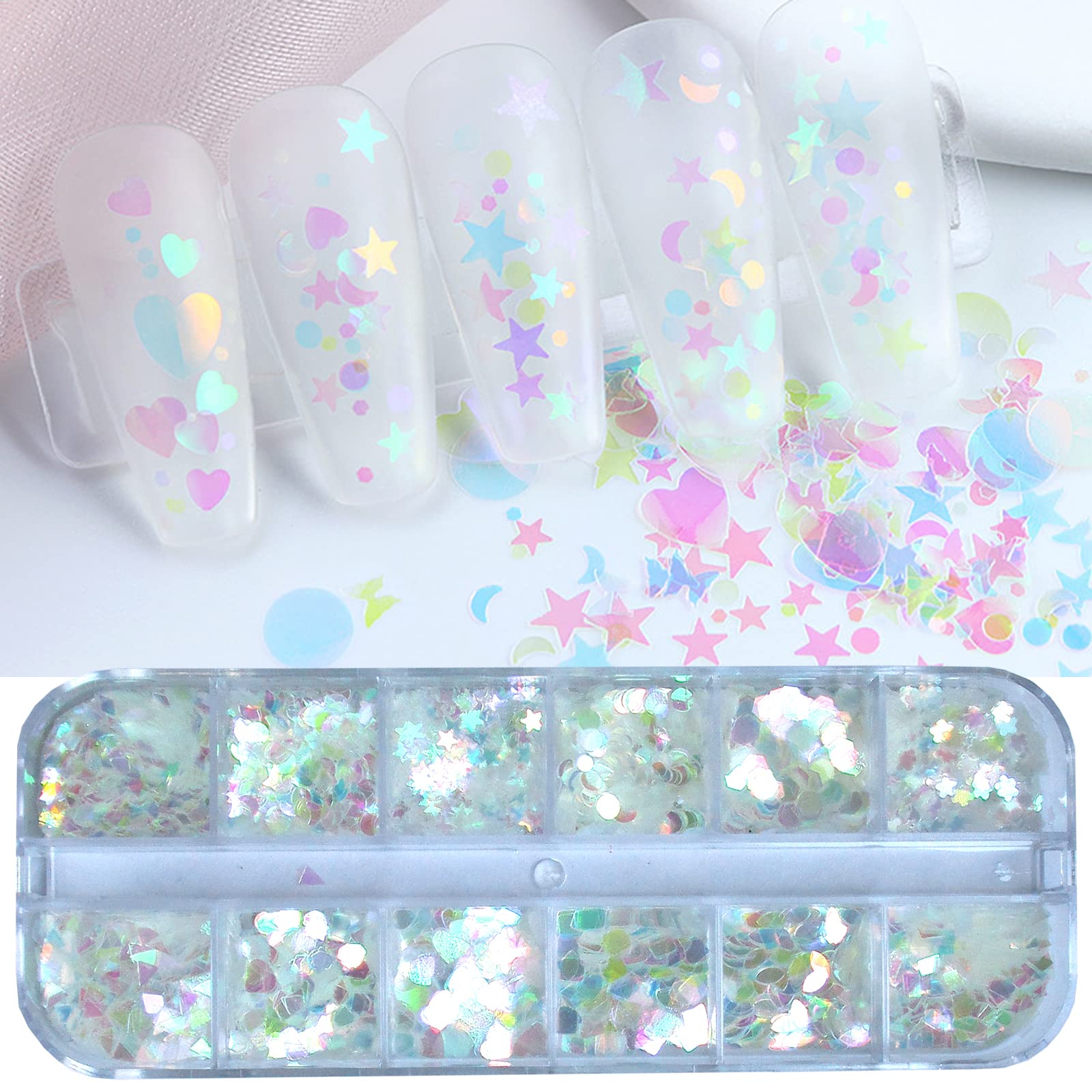 Iridescent White Nail Glitter - 4 Boxes Mylar Flakes with Holographic Stars, Hearts & Flowers | Confetti Sequins for Nail Art, Resin Crafts & Makeup | Perfect for DIY Manicures, Party Decor & Gift Wrapping