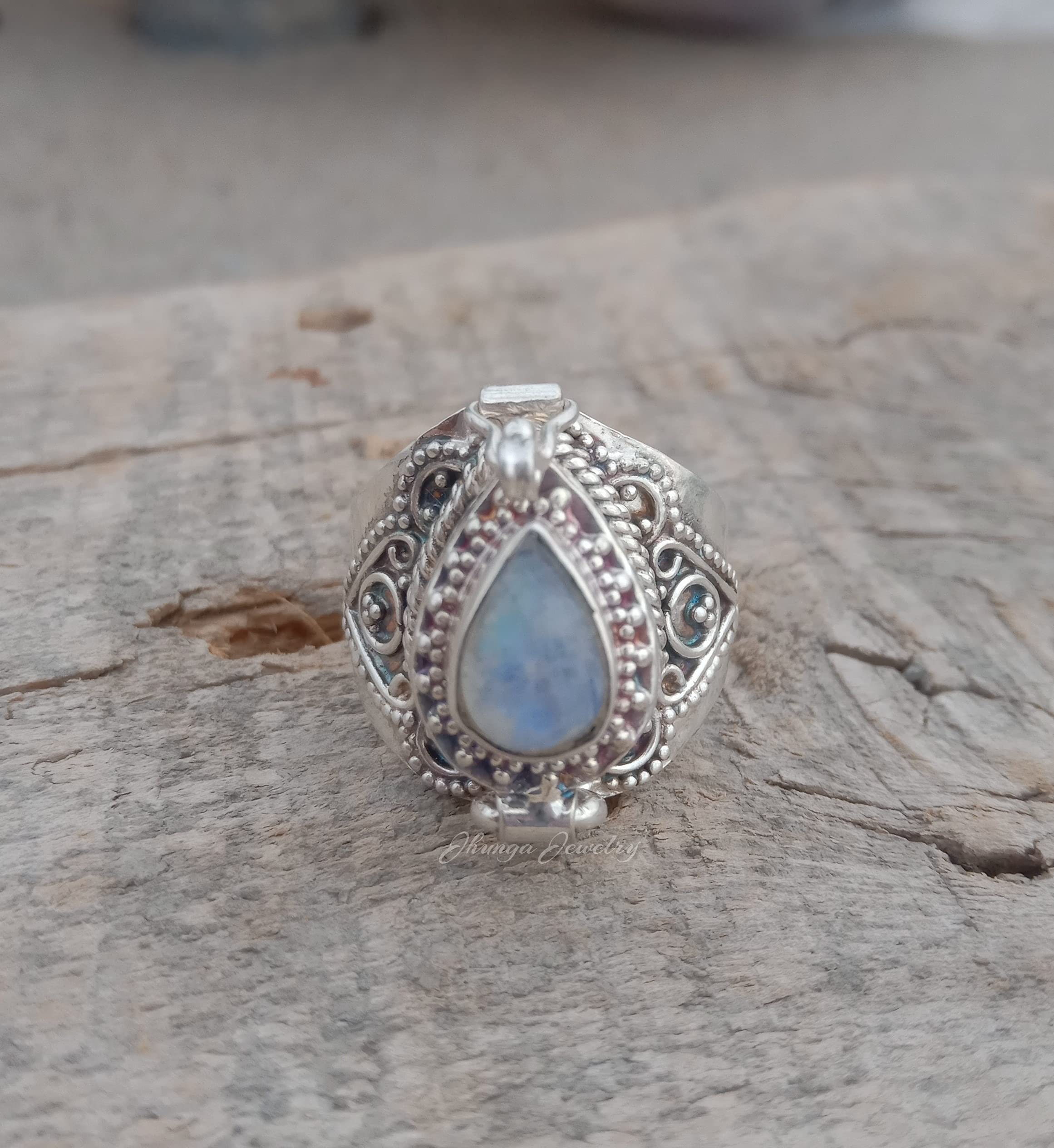 Handmade 925 Sterling Silver Rainbow Moonstone Poison Ring - Secret Box Ring with Openable Compartment for Pills, Medicine & Keepsakes | Perfect for Gothic Fashion, Cosplay & Unique Jewelry Gifts