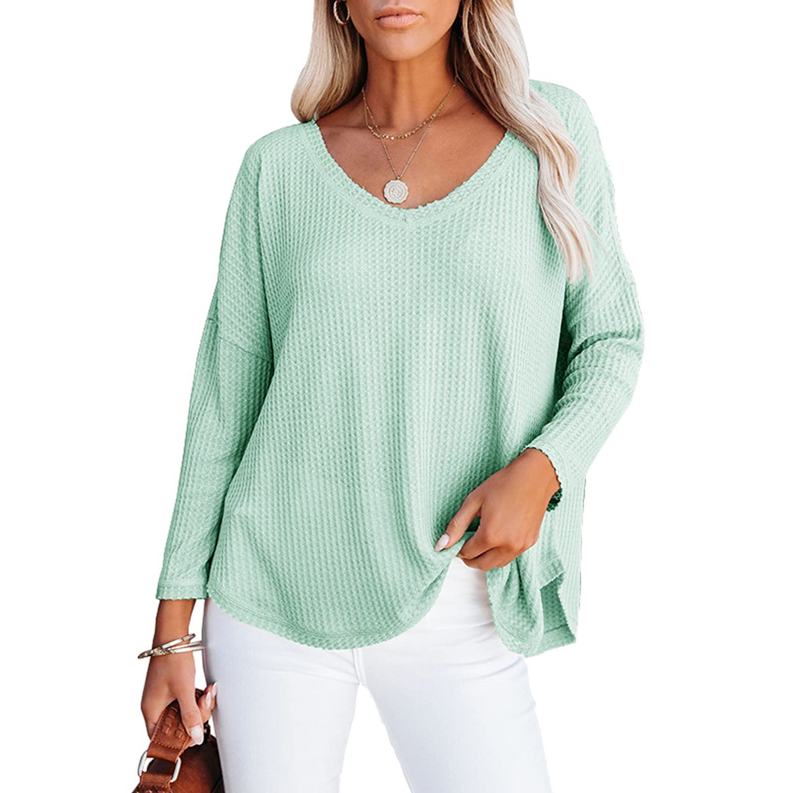 Women's Long Sleeve V-Neck Waffle Knit Tops - Soft Thermal Shirt for Fall & Winter - Casual Layering Tee for Work, Date Night & Weekend Outfits