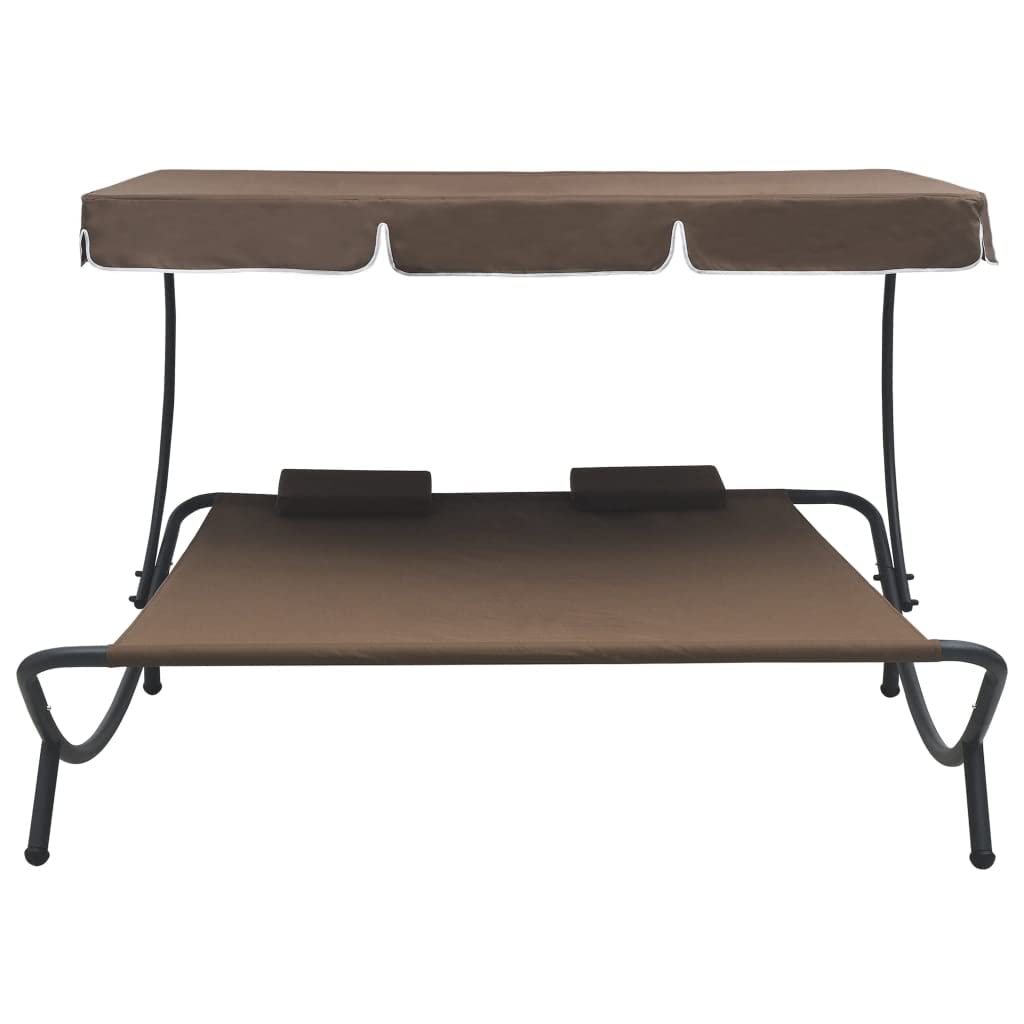 SKM Patio Lounge Bed with Canopy and Pillows - Outdoor Relaxation Furniture for Garden, Poolside, or Backyard - Brown Weather-Resistant Wicker Daybed