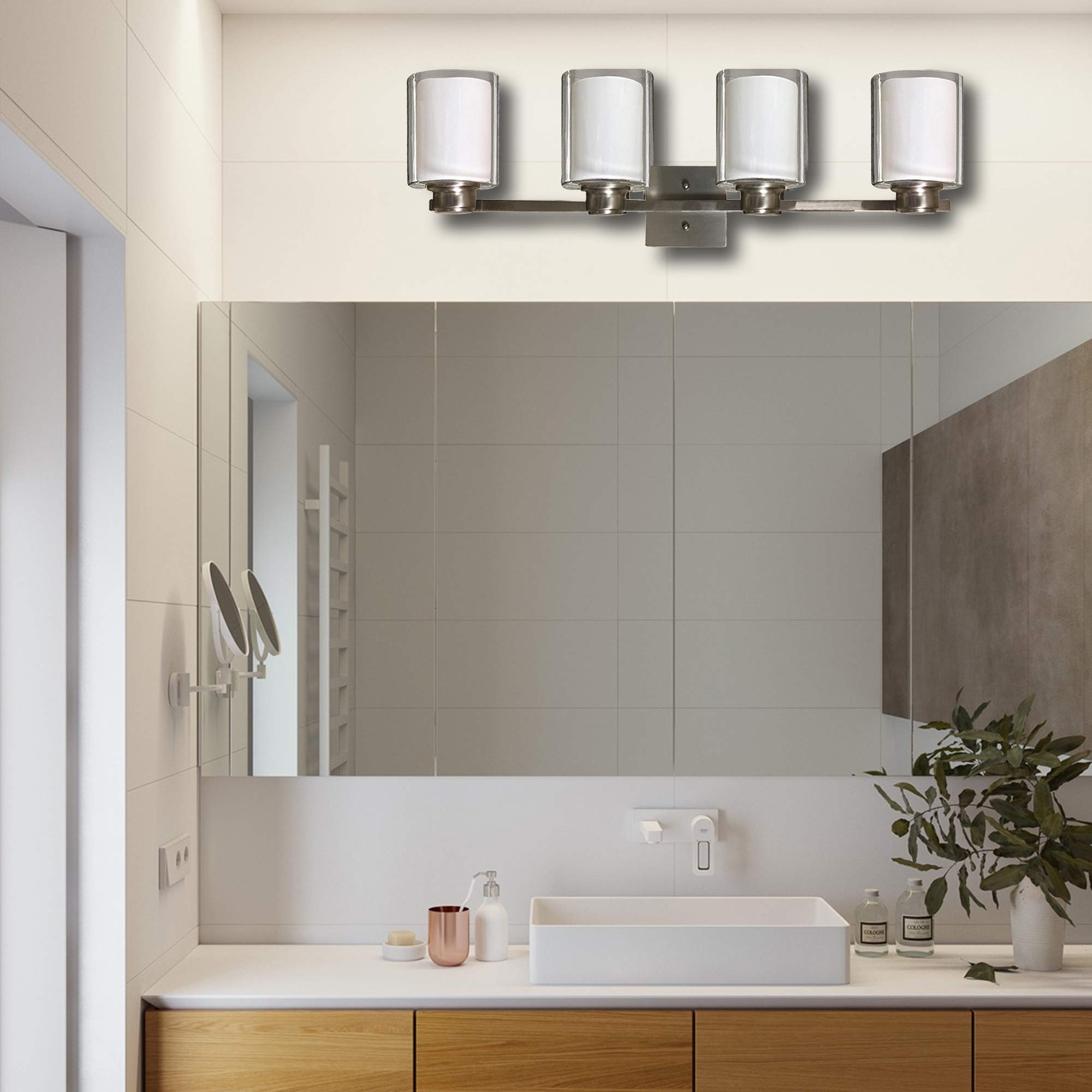 AA Warehousing 4-Light Brushed Nickel Vanity Light with Frosted White Glass Shade - Perfect for Bathroom, Bedroom, and Dressing Room Lighting (300350)