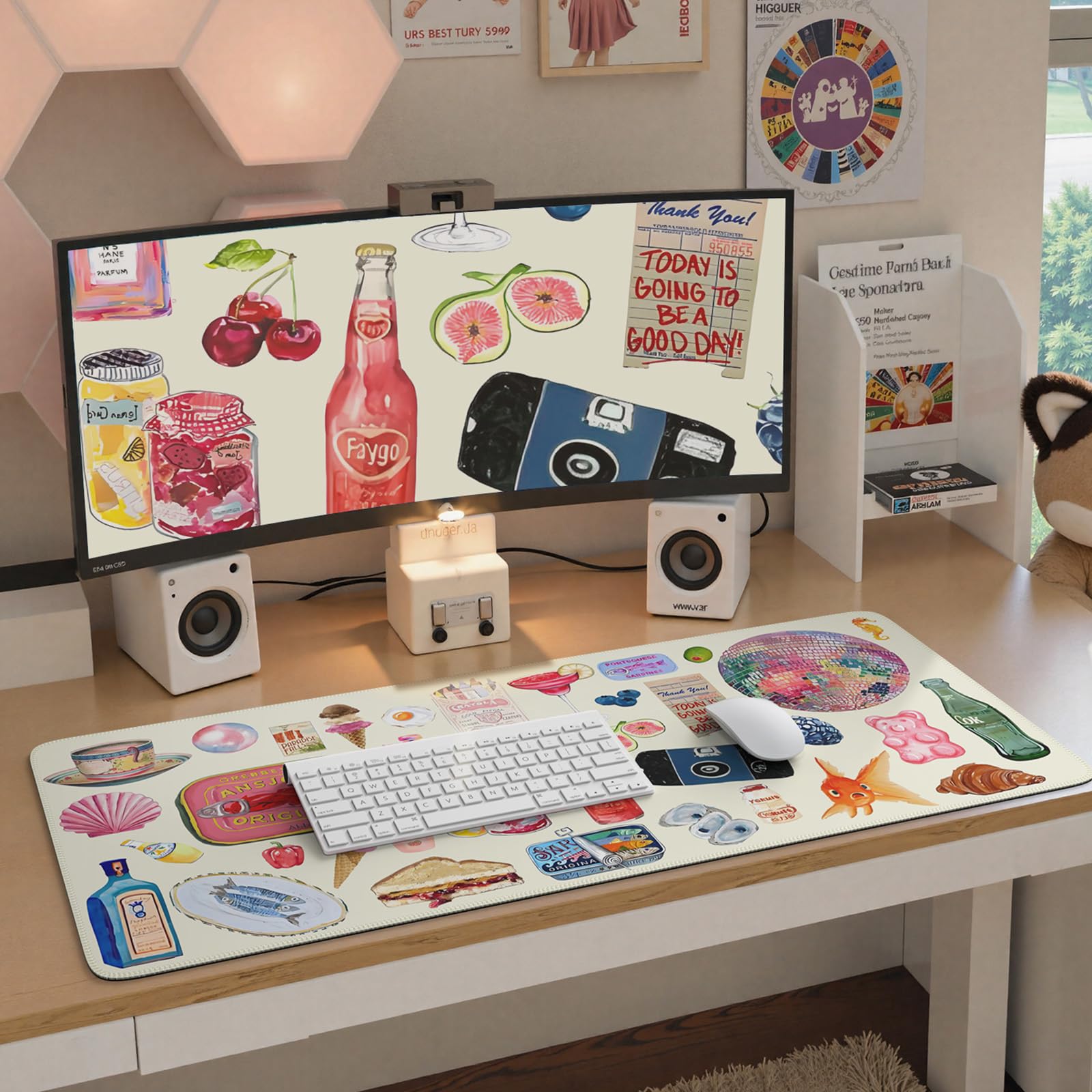 iCasso Large Watercolor Stickers Desk Mat - XXL Non-Slip Mouse Pad with Stitched Edges for Keyboard & Computer Workstation - Perfect for Office, Gaming & Home Office Setup