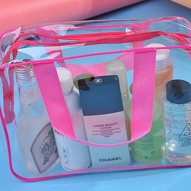 3 in 1 Clear Toiletry Bag with Zipper - Waterproof PVC Travel Cosmetic Organizer for Makeup & Toiletries - Transparent Wash Bag for Luggage, Gym, Camping & Air Travel - 3 Pack (Pink)
