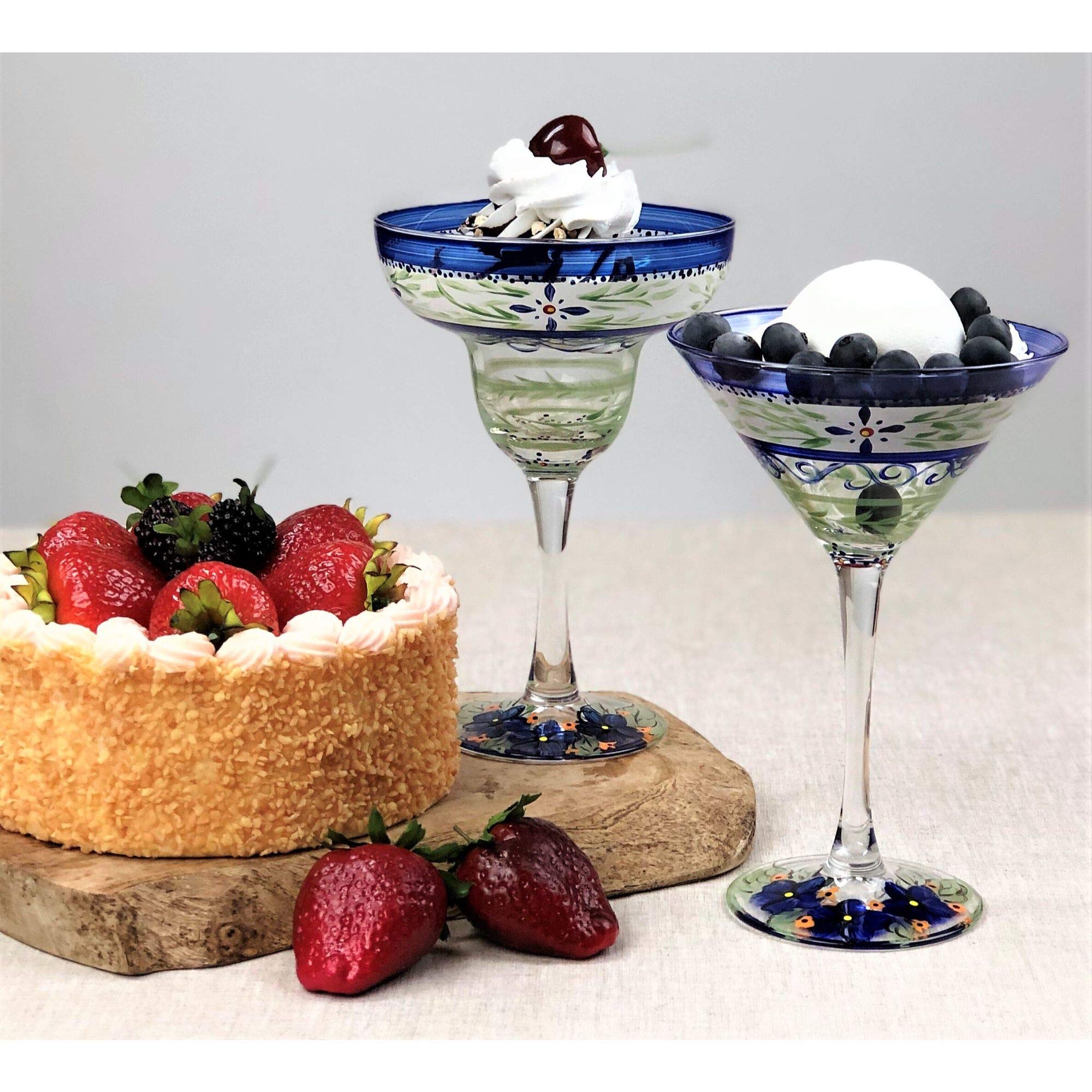 Set of 2 Hand-Painted Green Floral Margarita Glasses - 12 oz Stemware for Cocktails, Parties & Home Bar Decor