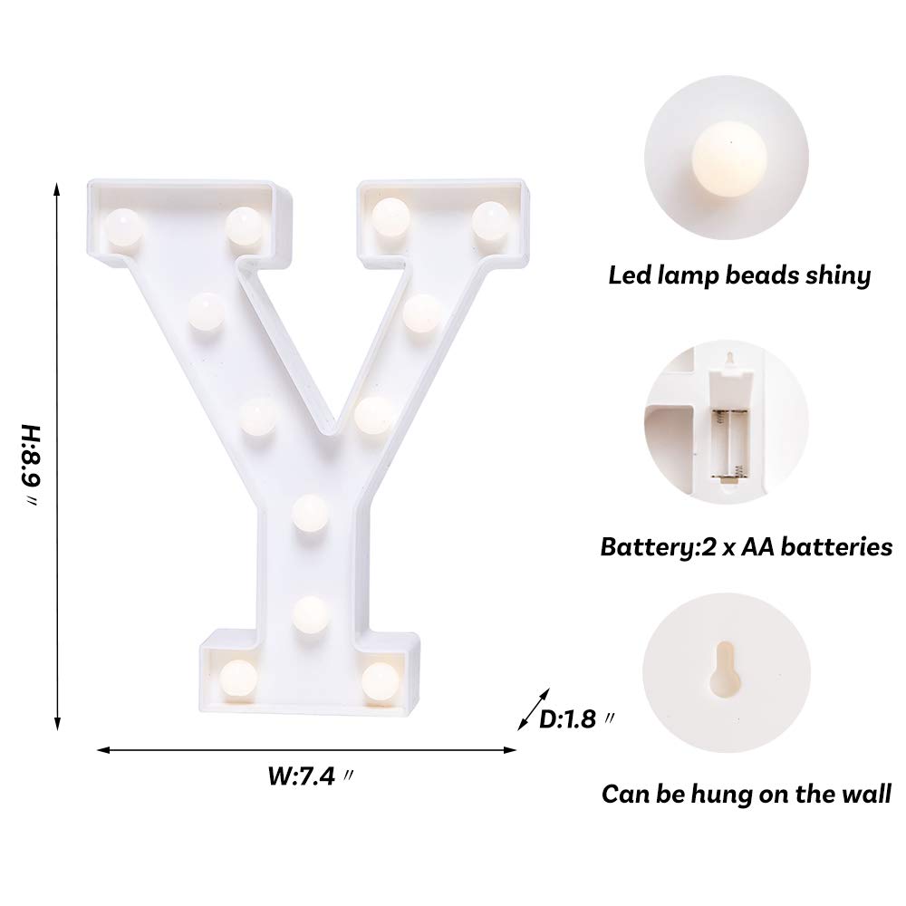 LED Letter Lights - Battery Powered Light Up Sign Letters for Wedding, Birthday, Party, Christmas Decor - Night Light for Home, Bar, Nursery & Office (Letter Y)