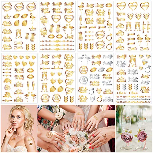 FRCOLOR 8 Sheets Metallic Temporary Tattoos for Bachelorette Party - Bride & Bridesmaid Tattoos Set, Team Bride Tribe Wedding Shower Gift, Favors & Decorations - Perfect for Bachelorette Parties, Bridal Showers & Wedding Celebrations