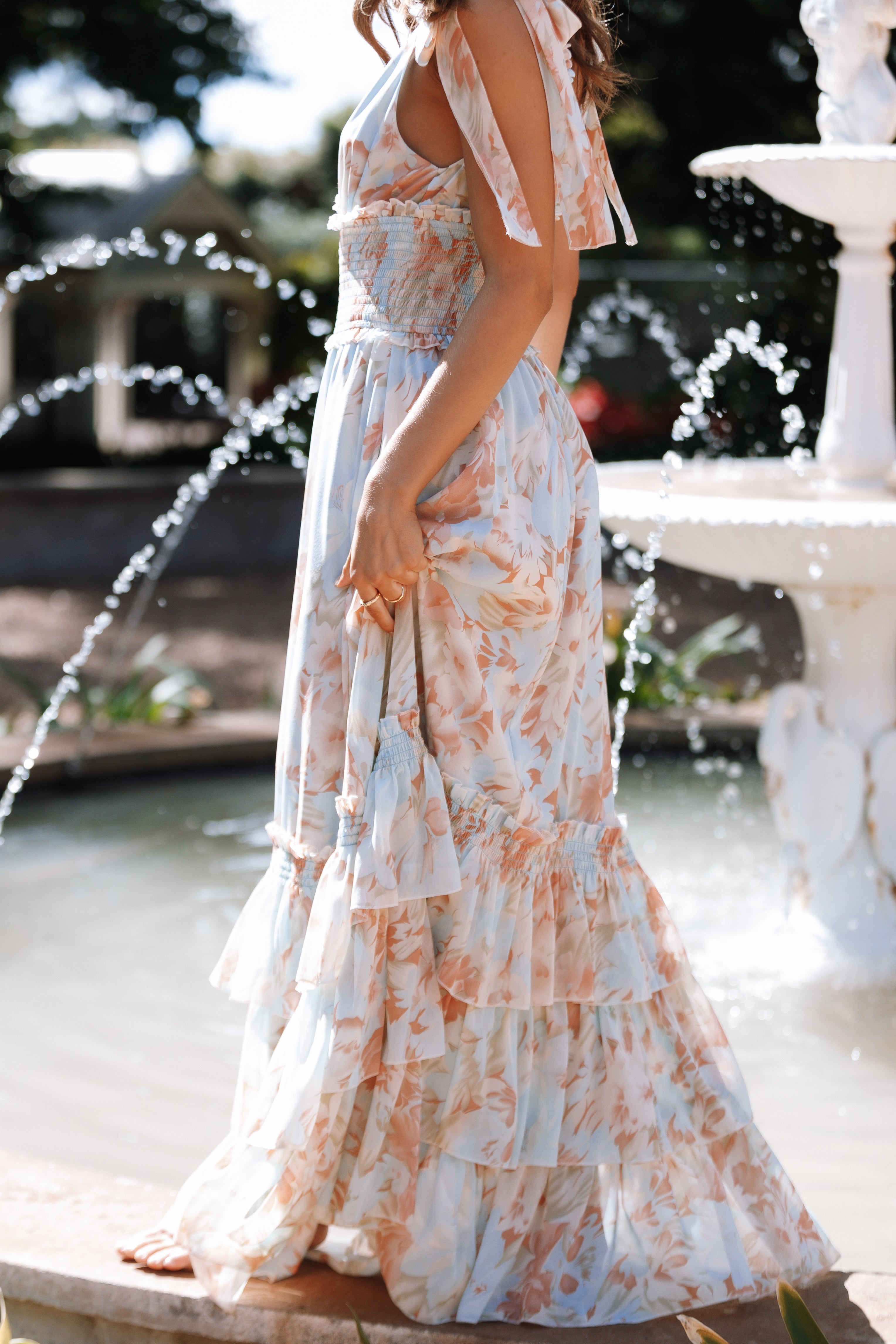 Christabel Women's Blue Floral Tiered Maxi Dress - Elegant Boho Summer Beach Dress for Vacations, Weddings & Outdoor Events