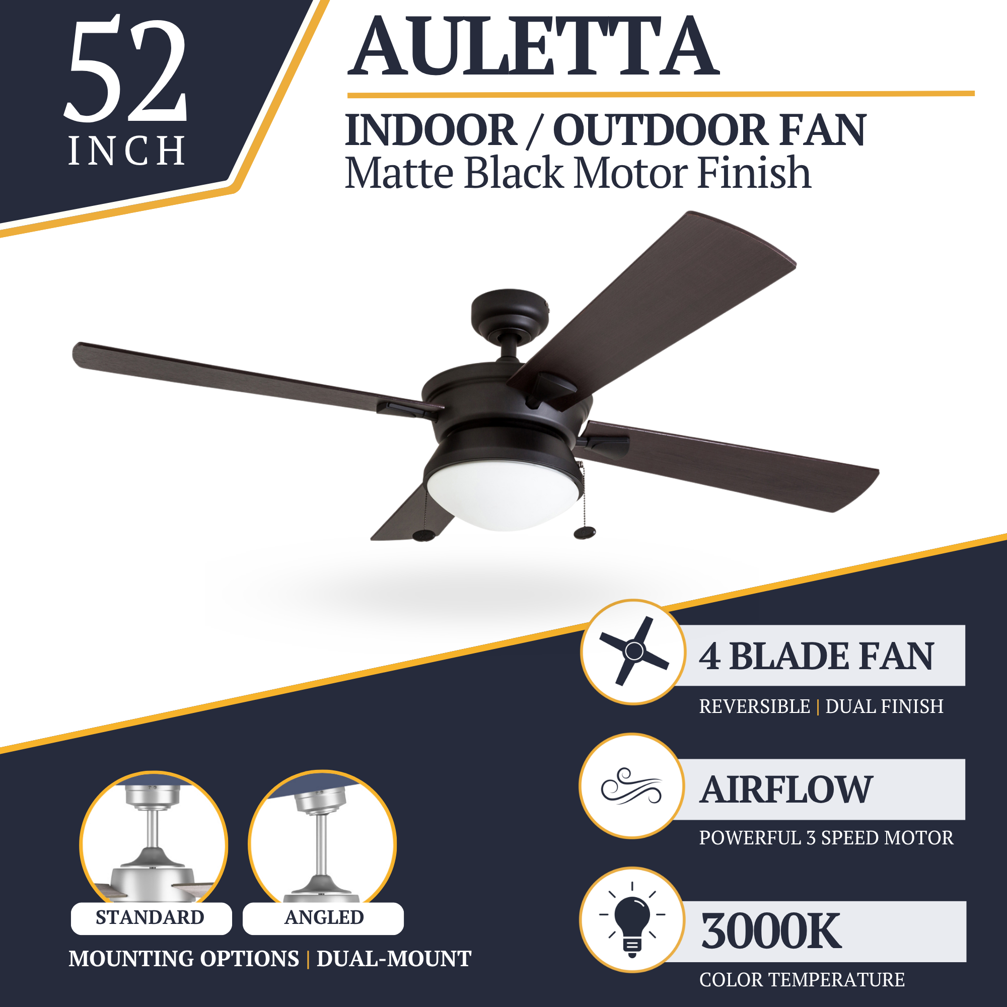 52 Inch Matte Black Auletta Ceiling Fan with Pull Chain - Indoor/Outdoor Use for Living Room, Bedroom, Patio & Covered Porch