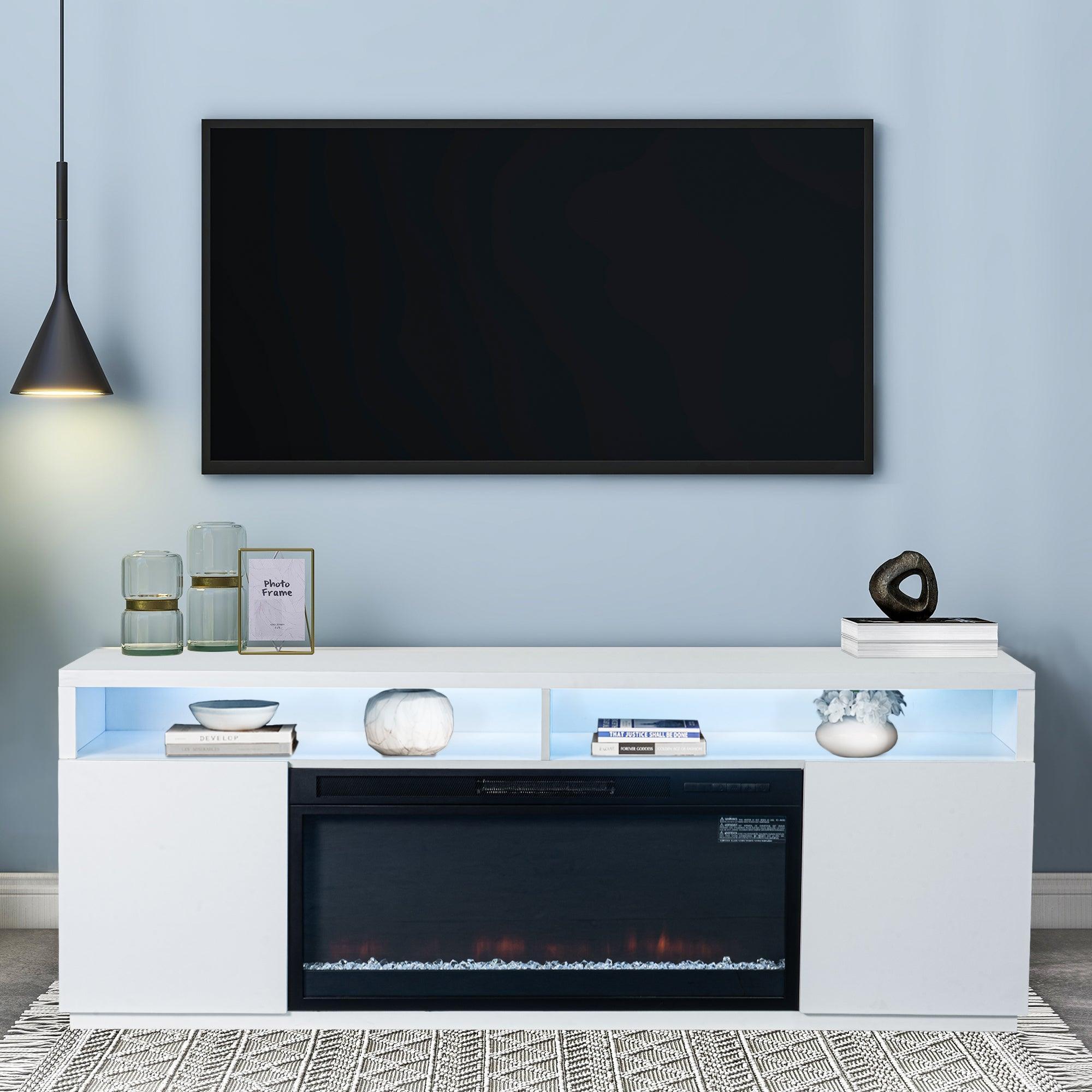 Modern 68-Inch LED TV Stand with 36-Inch Insert Opening & Electric Fireplace - Black or White - Perfect for Living Room Home Theater & Cozy Winter Nights