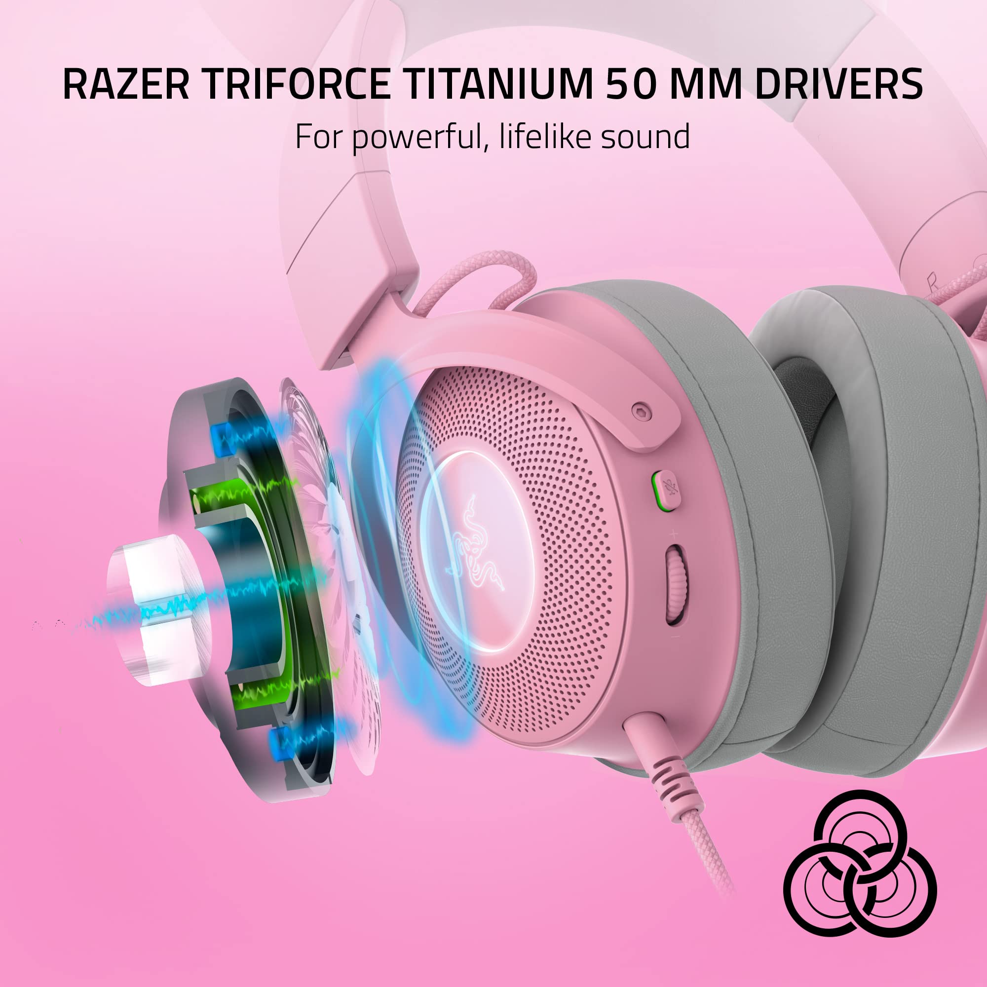 Razer Kraken Kitty V2 Pro Wired RGB Gaming Headset with Interchangeable Ears - HyperClear Cardioid Mic for PC, PS4, PS5, Mac - Quartz Pink (Renewed) - Perfect for Live Streaming, Esports & Online Gaming