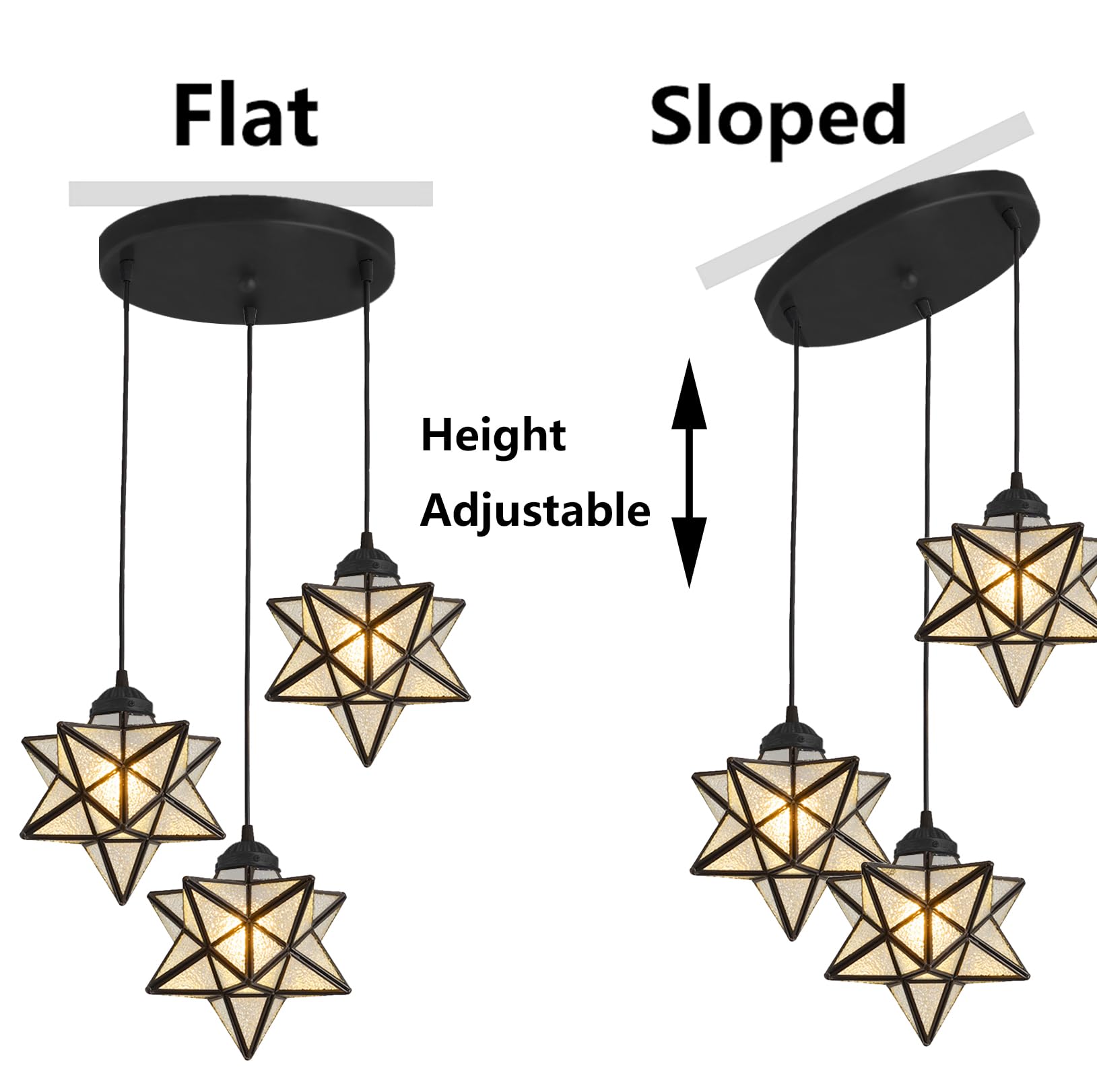 Elegant Black Farmhouse Chandelier with Glass Star Pendants - Modern Ceiling Light Fixture with Warm LED Bulbs for Dining Room, Bedroom or Living Room Decor