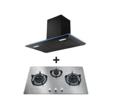 Ellane EH 2690 90cm Black Designer Chimney Range Hood with Ellane OS 803SV 86cm 3-Burner Stainless Steel Gas Cooktop - Modern Kitchen Ventilation & Cooking Solution for Home Chefs