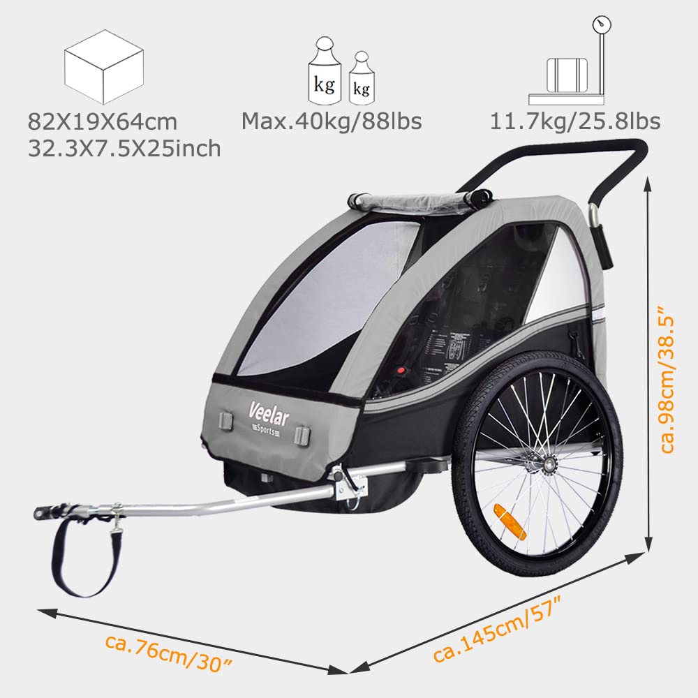 Veelar 2-in-1 Bike Trailer & Stroller with Double Seat for Toddlers and Kids - Convertible Bicycle Carrier & Jogger for Outdoor Family Adventures, Park Visits and Daily Commutes