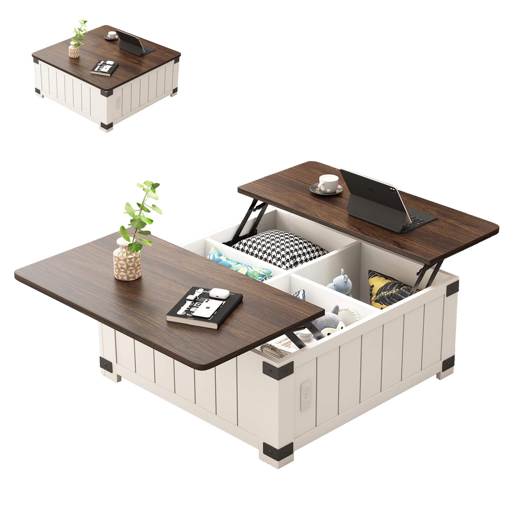 Square Lift Top Coffee Table with Storage - White Wooden Cocktail Table with USB Ports & Charging Station, 4 Grids Hidden Compartment for Home, Office, Dorm & Apartment | Perfect for Living Room, Study & Small Spaces