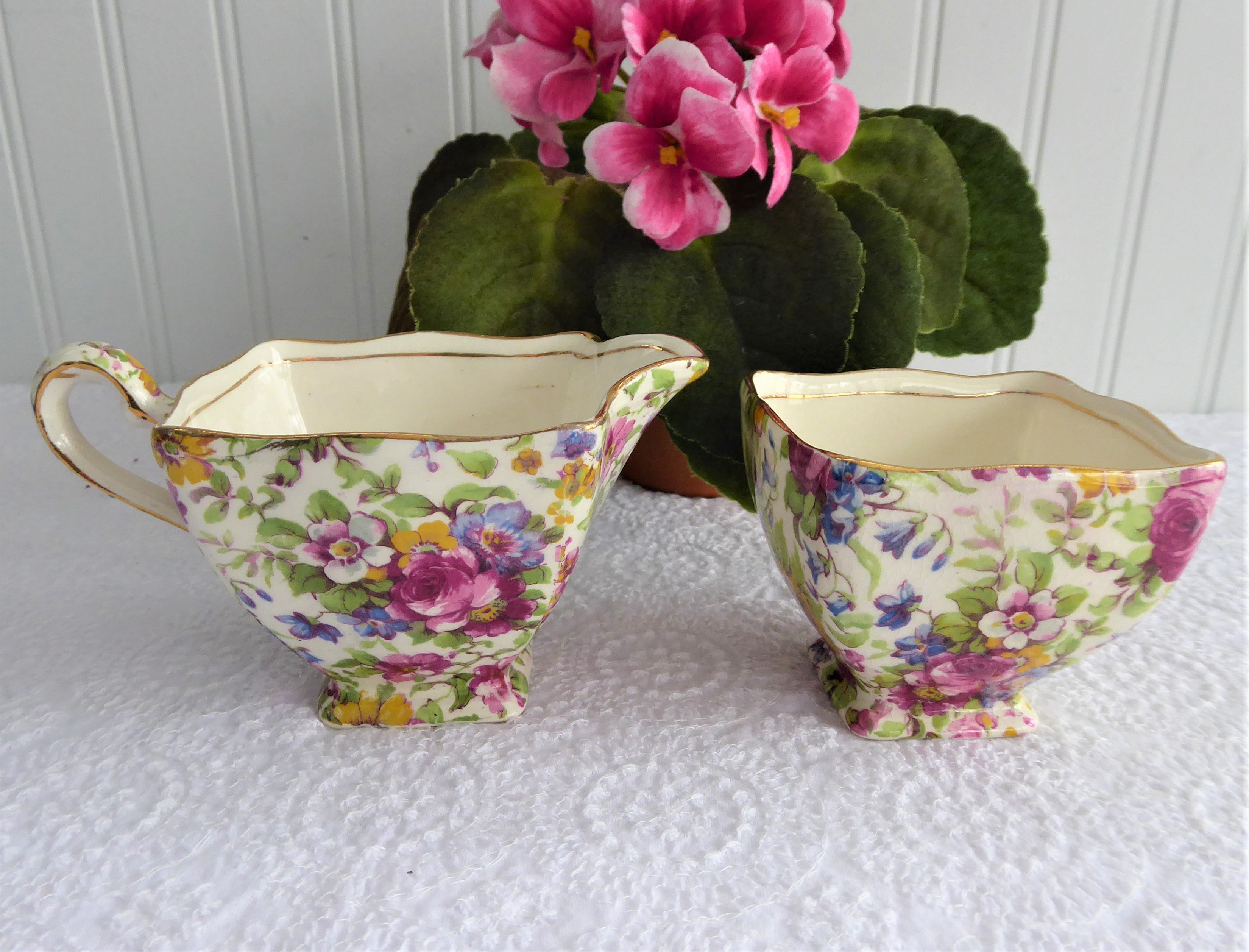 Vintage 1940s Royal Winton Chintz Sugar Bowl and Creamer Set - Floral Tea Time Serving Pieces for Afternoon Tea, Bridal Showers & English Cottage Decor