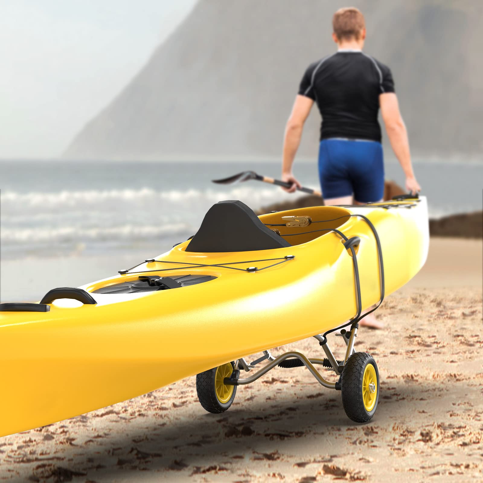 Bonnlo Foldable Kayak Cart with Airless Tires - Heavy Duty Canoe Dolly for Fishing Kayaks, Paddle Boards & Boat Transport - Includes 2 Ratchet Straps (Perfect for Beach, Lake & Outdoor Water Sports)