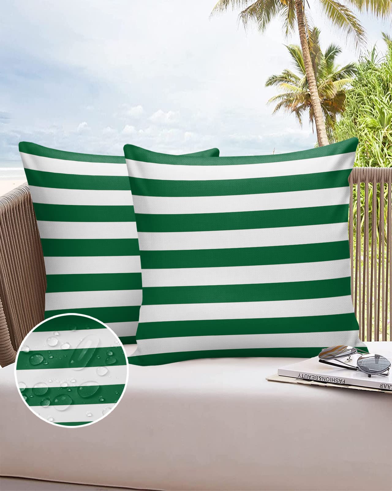 Waterproof Outdoor Pillow Covers Set of 2 - 24x24 Inch Green & White Striped Decorative Throw Pillowcases for Patio Furniture, Sofa, Couch & Chair - Christmas Home Decor - Perfect for Outdoor Use, Living Room & Seasonal Holiday Styling