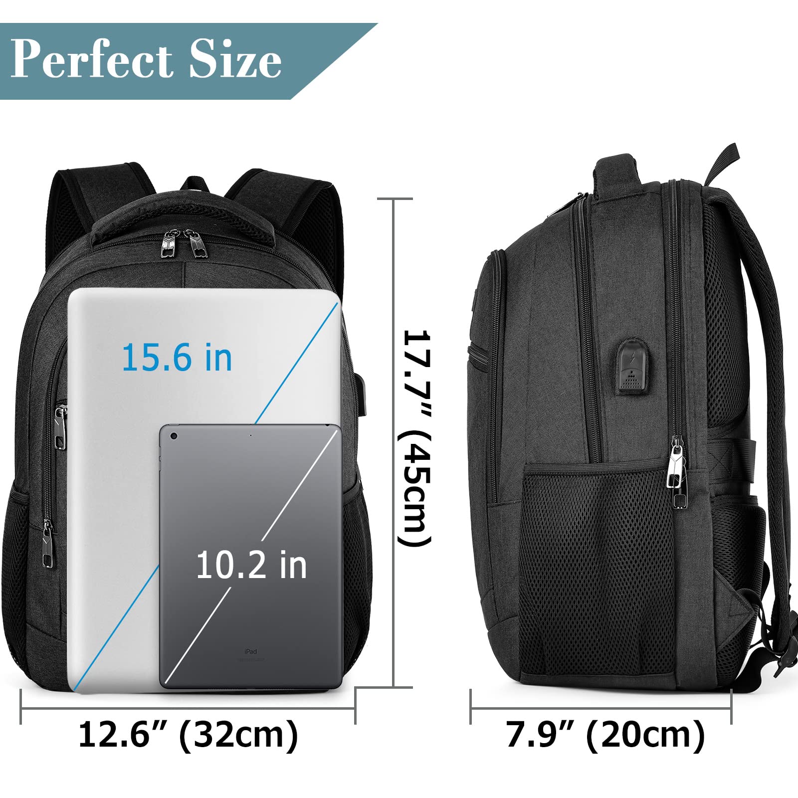 Water Resistant USB Charging Backpack for Men & Women - 15.6 Inch Laptop Backpack for School, College, Travel & Work - Durable Anti-Theft Computer Bag with Charging Port (Black)