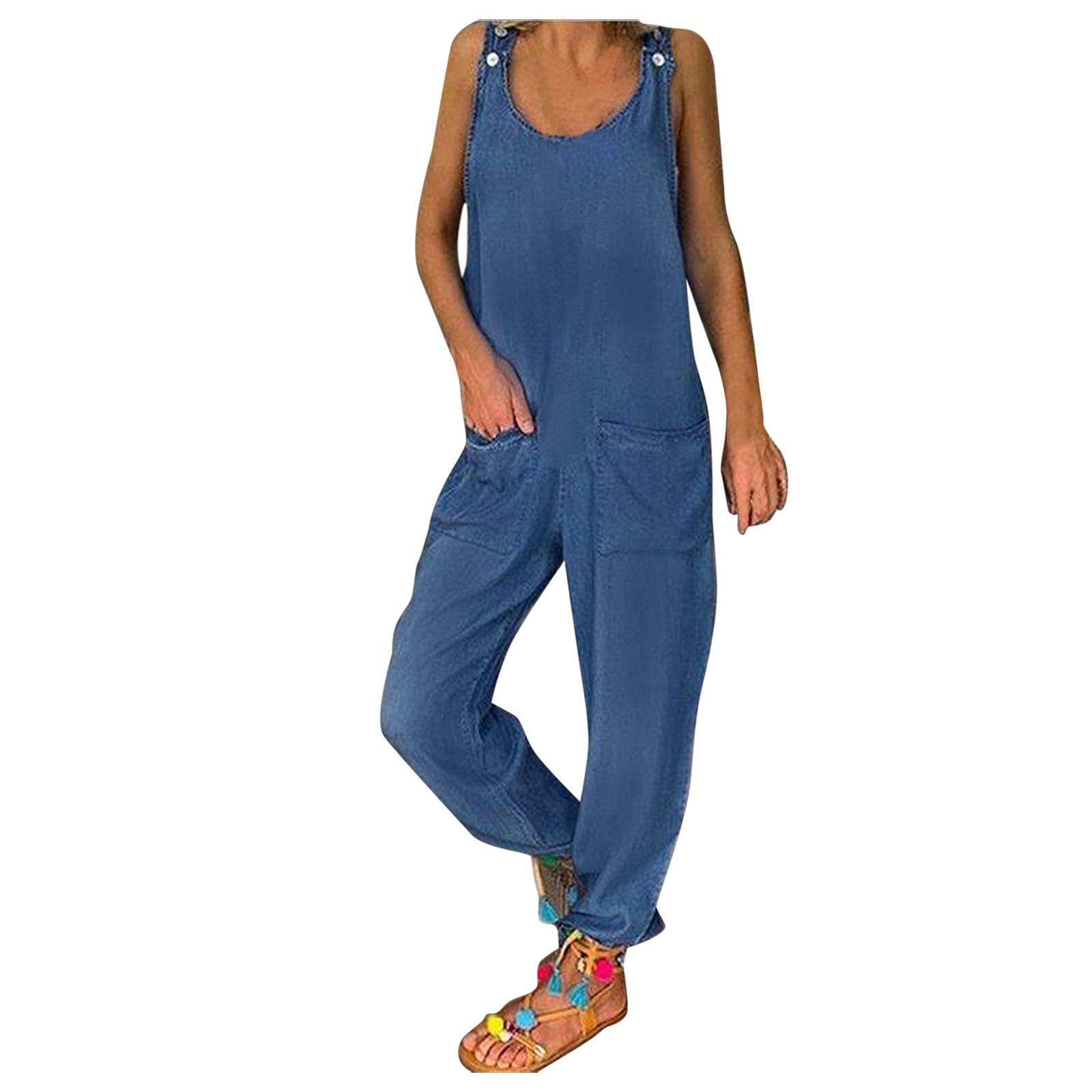 Women's Strappy Sleeveless Jumpsuit with Button Front & Pockets - Baggy Loose Fit Romper Overalls for Casual Wear, Summer Outfits, Beach Cover-ups and Street Style Fashion