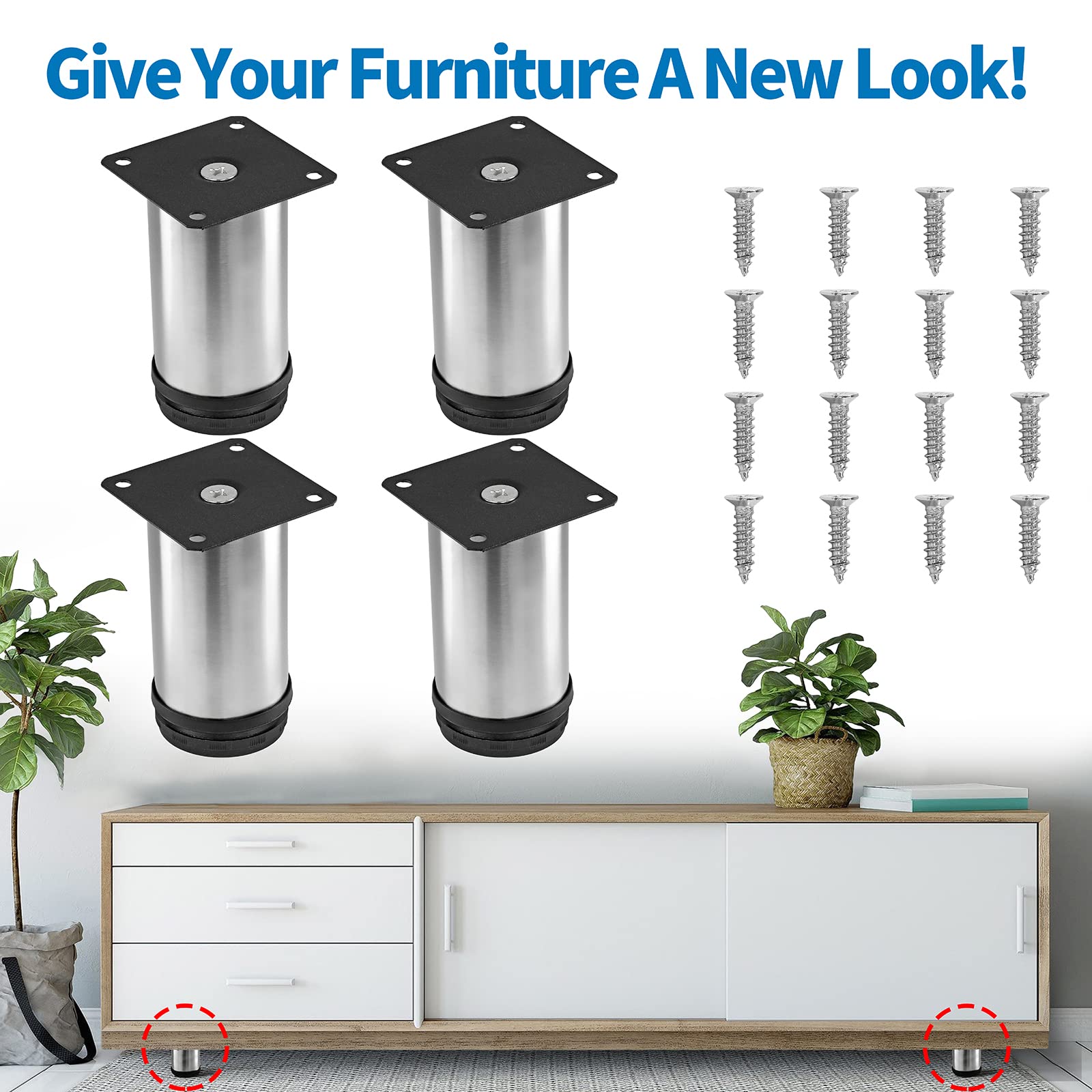 4 Inch Adjustable Stainless Steel Metal Furniture Legs - Round Silver Table Legs for Coffee Table, Cabinet, Desk, Sofa & Shelves - Pack of 4 - Perfect for Modern Home & Office Furniture Upgrades