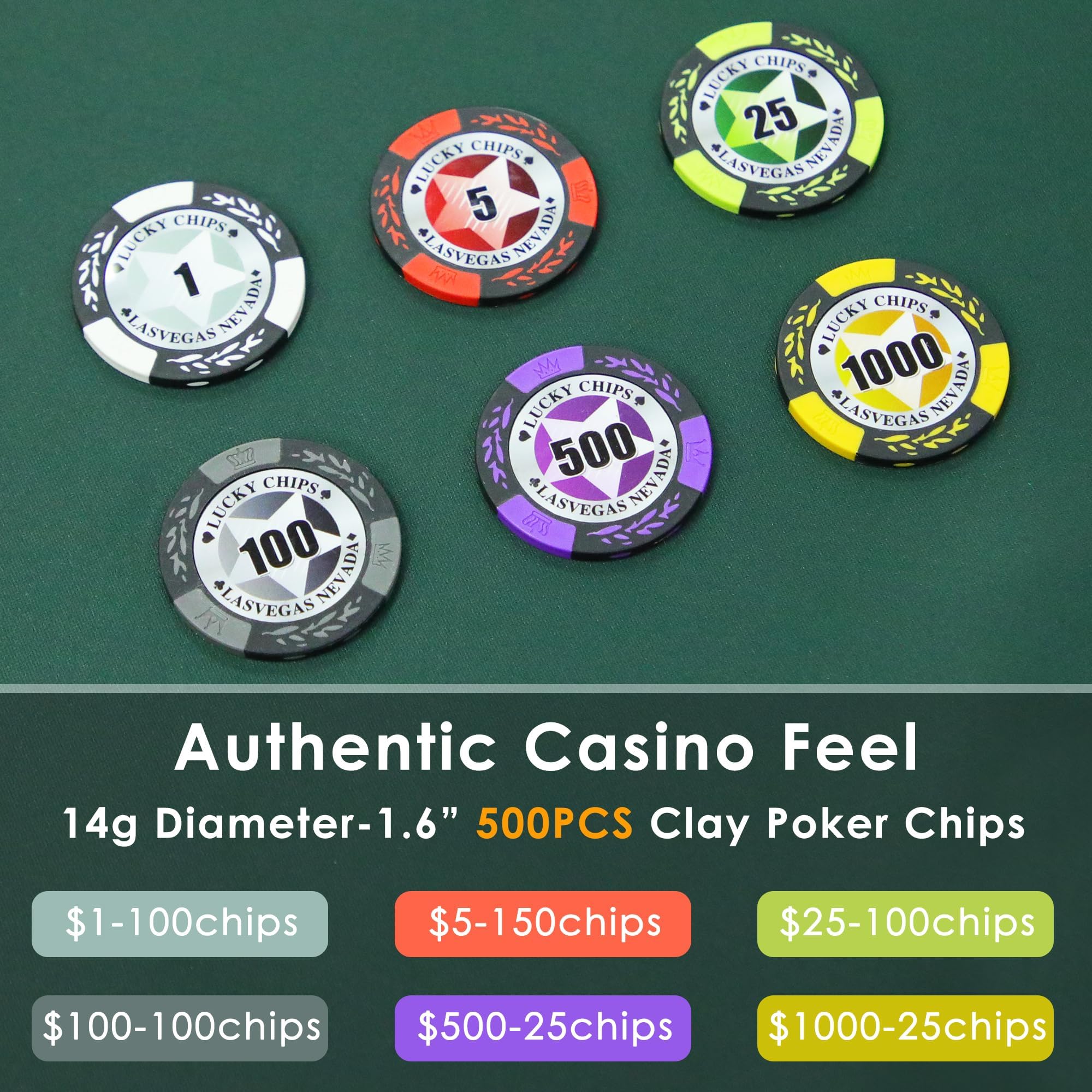 ORIENGEAR 500-Piece 14 Gram Clay Composite Poker Chip Set with Denominations - Includes ABS Case & 2 Decks of Plastic Cards for Texas Hold'em, Blackjack, Casino Night & Home Poker Games