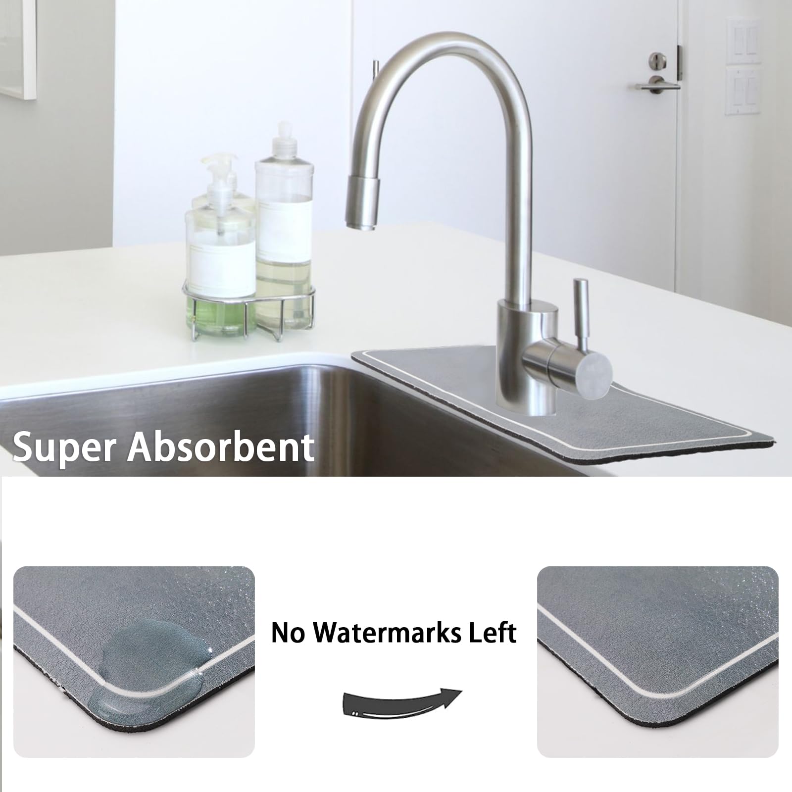 Non-Slip Absorbent Sink Faucet Mat - Fast Drying Kitchen & Bathroom Faucet Cover (5.4”x15”, Dark Gray) - Perfect for Protecting Countertops from Water Splashes