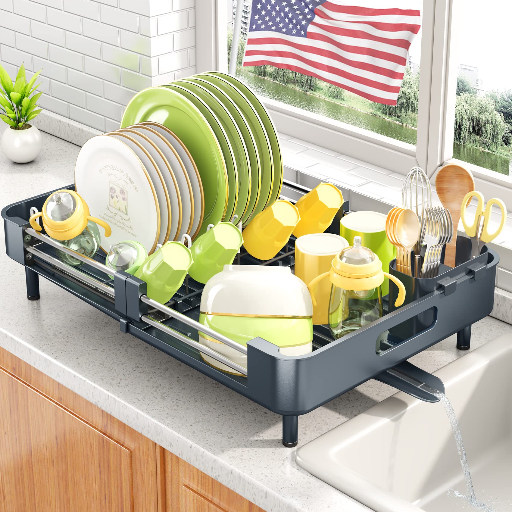Stainless Steel Expandable Dish Drying Rack for Kitchen Counter - Large Dish Drainer with Utensil Holder, Space-Saving Grey Dish Rack - Perfect for Small Kitchens, Apartments & Dorm Rooms