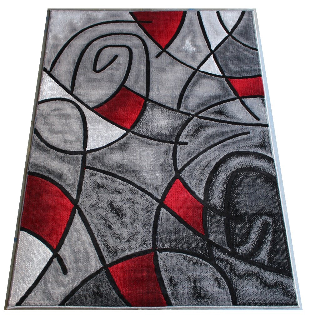 Modern Contemporary Area Rug 5x7 Feet - Red Grey Black Geometric Design Masada Rugs for Living Room, Bedroom & Office - Soft Non-Slip Comfortable Floor Decor