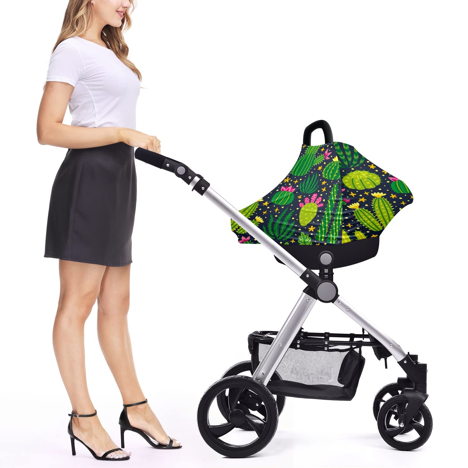 Cute Cartoon Cactus Baby Car Seat Cover - Soft Stretchy Nursing Cover & Infant Car Canopy for Boys & Girls | Multi-Use Stroller Cover, Breastfeeding Scarf & Car Seat Protector for New Moms | Perfect for Travel, Shopping & Outdoor Activities