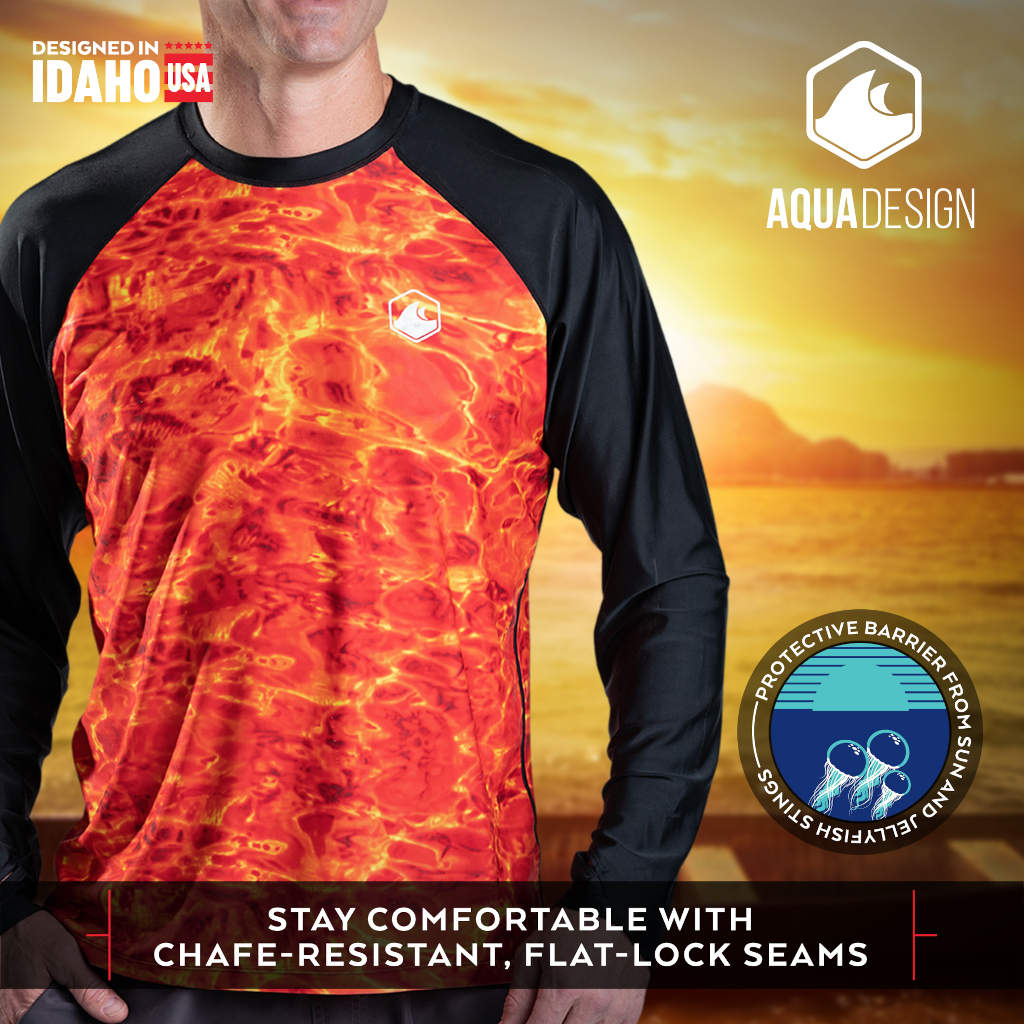 Men's UPF 50+ Long Sleeve Rash Guard Swim Shirt with Thumb Holes - Aqua Design for Surfing, Swimming & Sun Protection