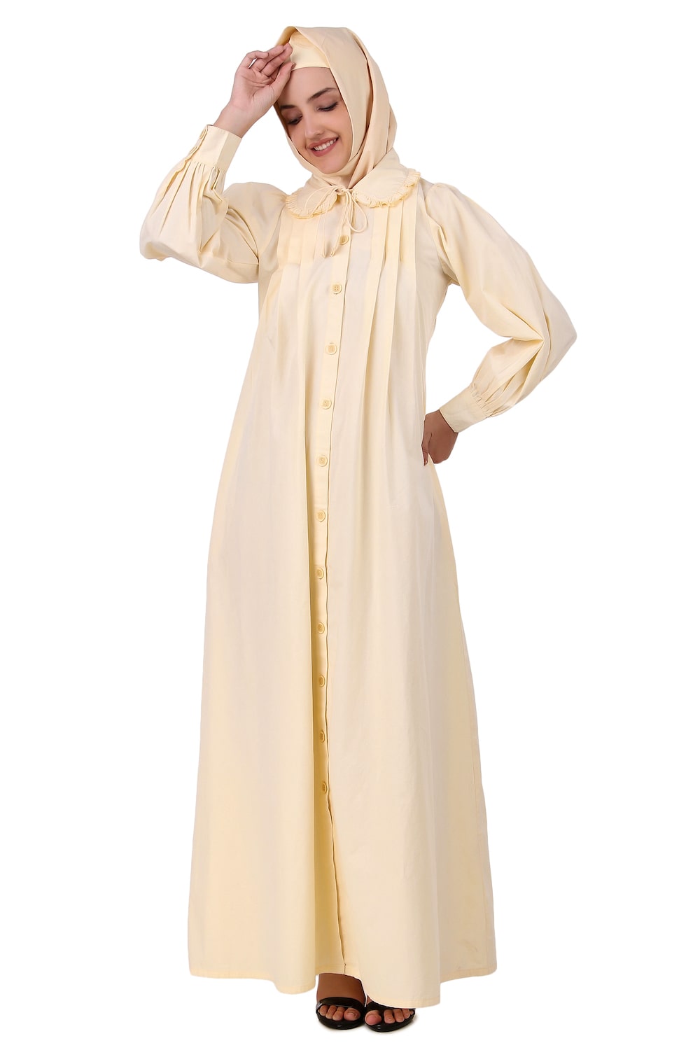Front Open Cotton Cream Color Abaya - Modest Muslim Dress for Women - Perfect for Prayer, Mosque, and Everyday Wear