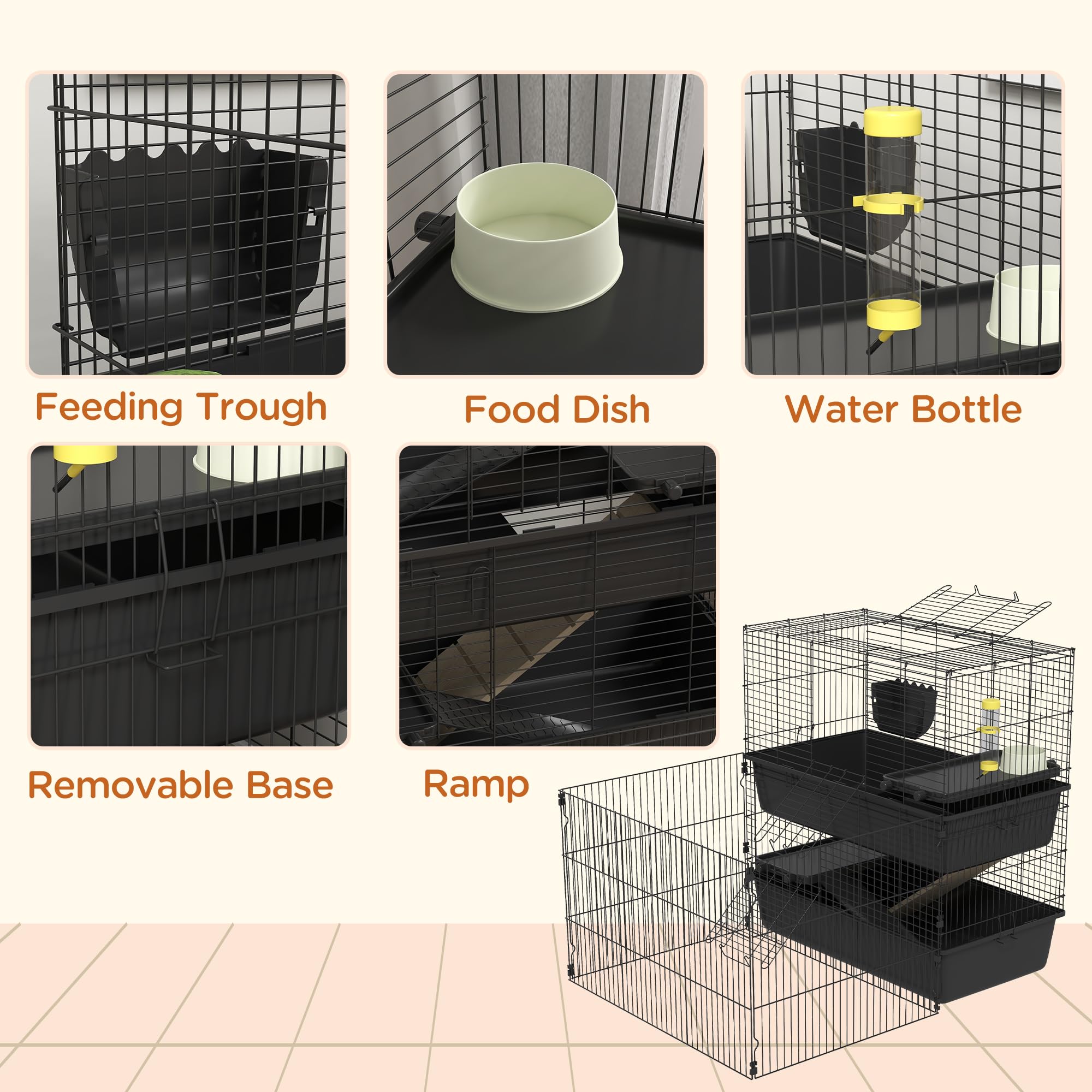 PawHut Small Animal Cage with Playpen - Multi-Level Indoor Pet Habitat for Guinea Pigs, Hedgehogs, Rabbits | Includes Water Bottle, Food Dish, Feeding Trough | Perfect for Small Pet Playtime & Safe Indoor Housing