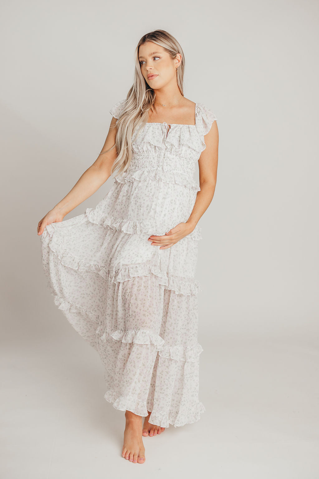 Astrid Ruffle Detail Maxi Dress - Lavender Floral Maternity Dress for Bump Friendly Comfort | Perfect for Baby Showers, Summer Weddings & Beach Vacations