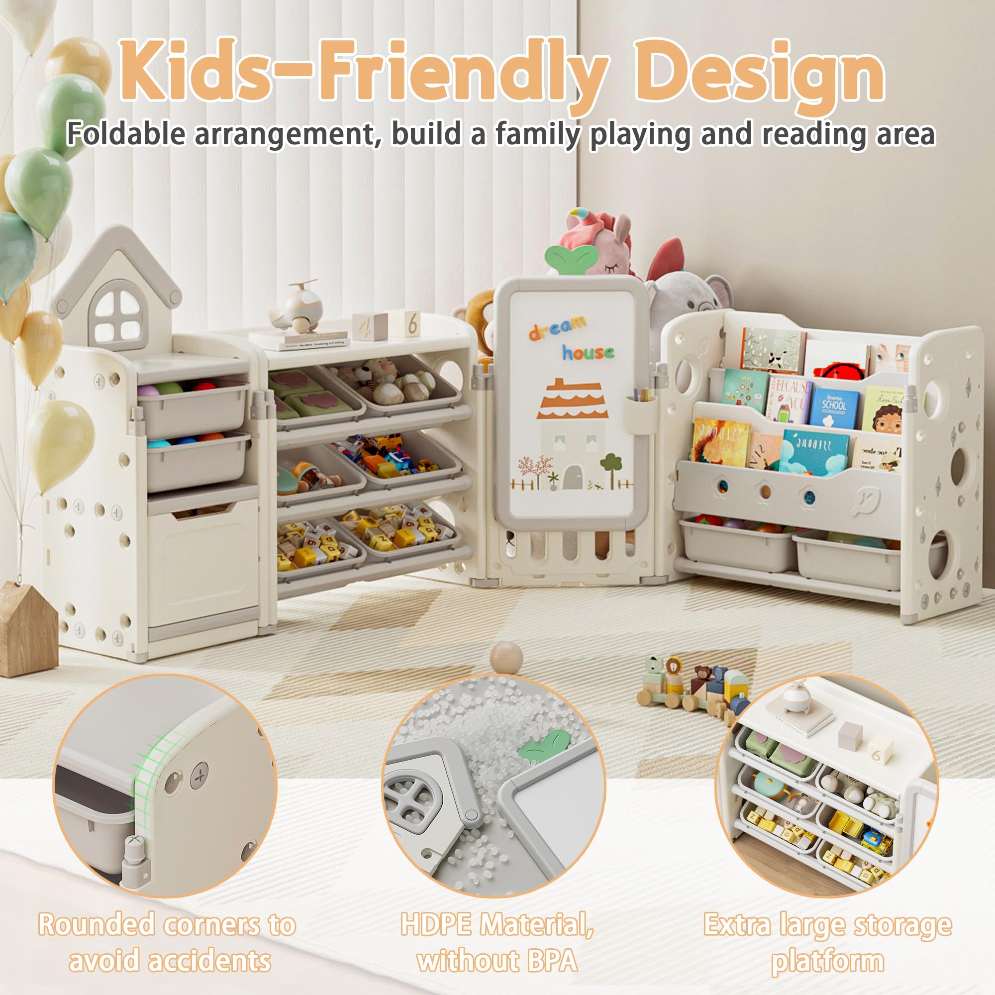 Foldable 3-Tier Kids Toy Storage Organizer with 10 Removable Bins & Bookshelf - Multi-Functional Toy Organizer with Drawing Board & 3 Brushes (4-in-1 Off-White) - Perfect for Playroom, Bedroom & Classroom Organization