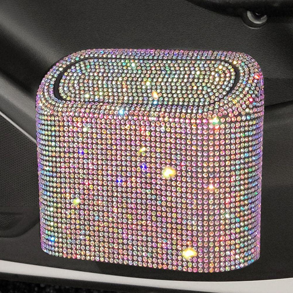 Shiny Rhinestone Car Trash Can with Lid - Leakproof Hanging Auto Garbage Bin for Car, Office & Home Use
