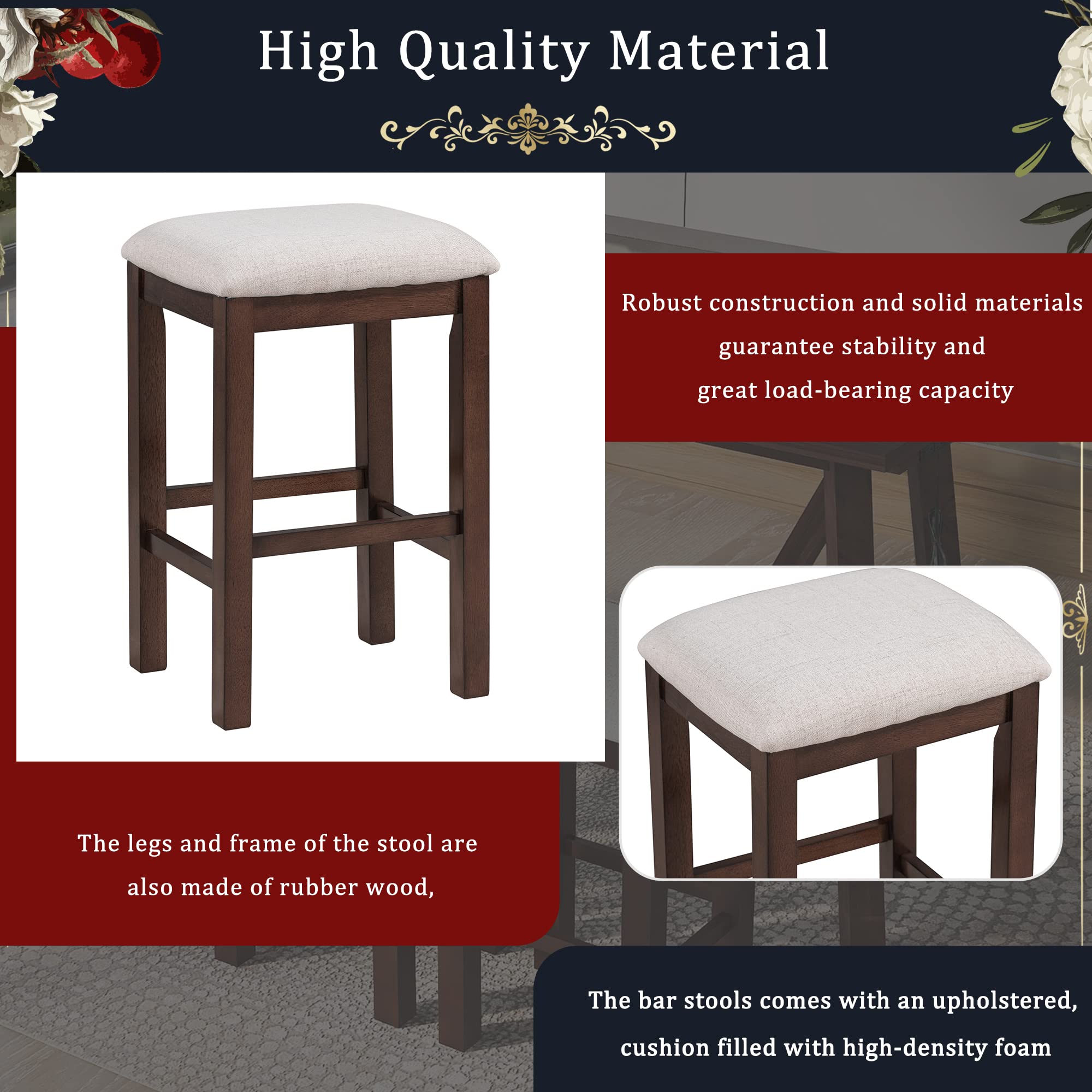 LZ LEISURE ZONE 4-Piece Dining Table Set for 3 with Upholstered Stools - Dark Walnut & Beige Kitchen Bar Table Set for Small Spaces, Breakfast Nook, Apartment Dining | Perfect for Compact Homes, Studio Apartments and Cozy Kitchenettes