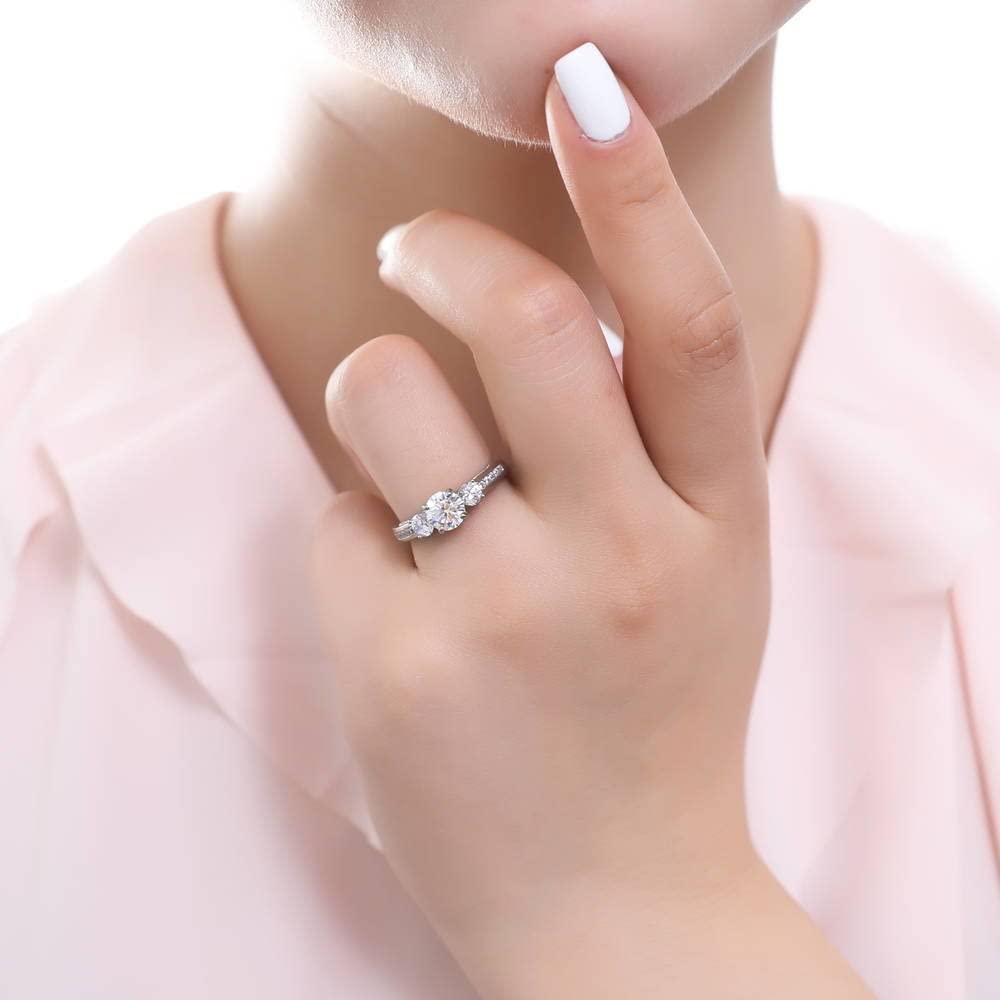 BERRICLE Sterling Silver 3-Stone Wedding & Engagement Ring Set - 1 Carat Round Cut Cubic Zirconia CZ for Women - Rhodium Plated Size 4-10 - Perfect for Proposals, Anniversaries & Special Occasions